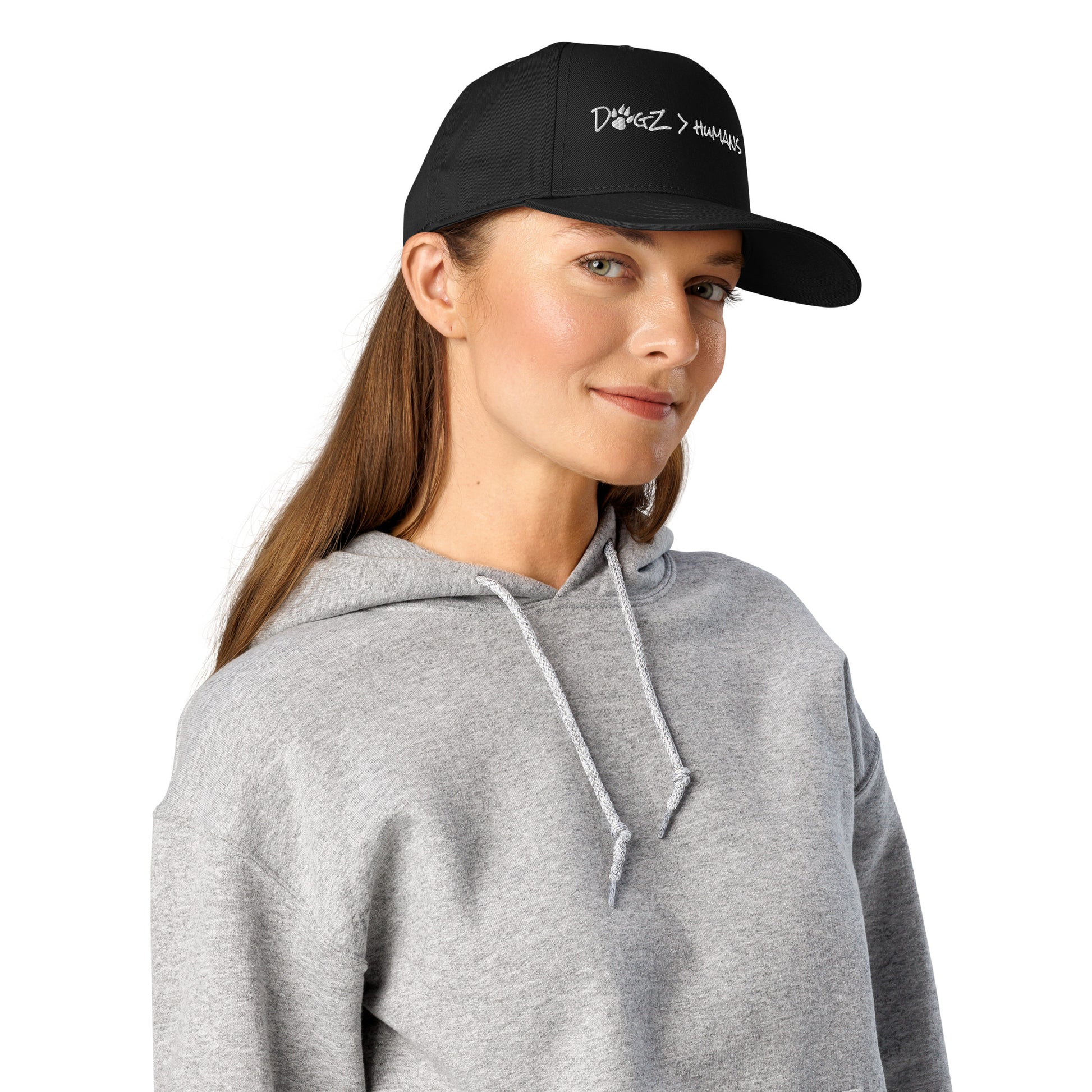 Dogz > Humans Hat - Black with White Embroidery - In Dogz We Trust - Female Model - Side View