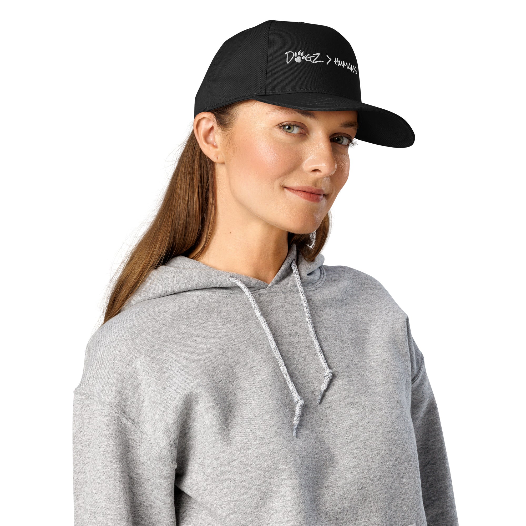 Dogz > Humans Hat - Black with White Embroidery - In Dogz We Trust - Female Model - Side View