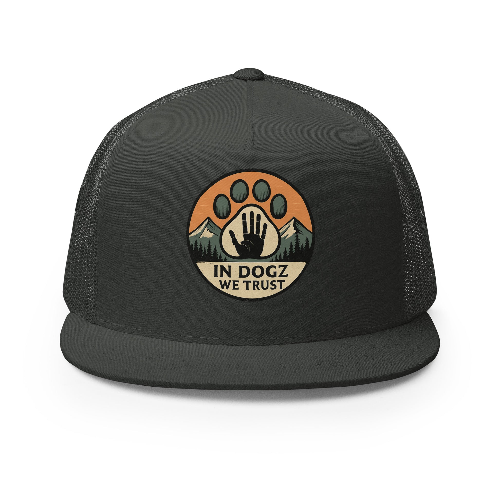 High Five Trucker Hat - Charcoal with Dog Paw Design - In Dogz We Trust - Front View