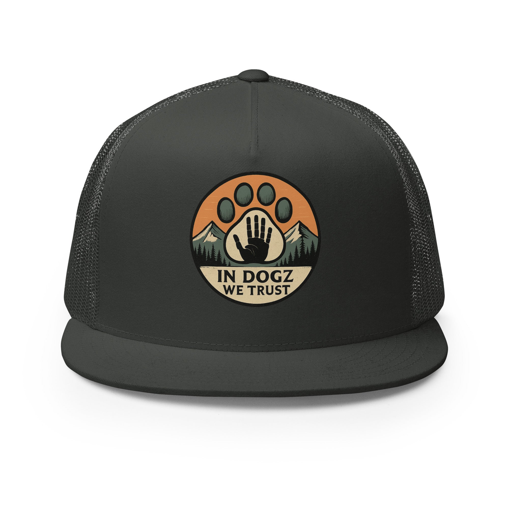High Five Trucker Hat - Charcoal with Dog Paw Design - In Dogz We Trust - Front View