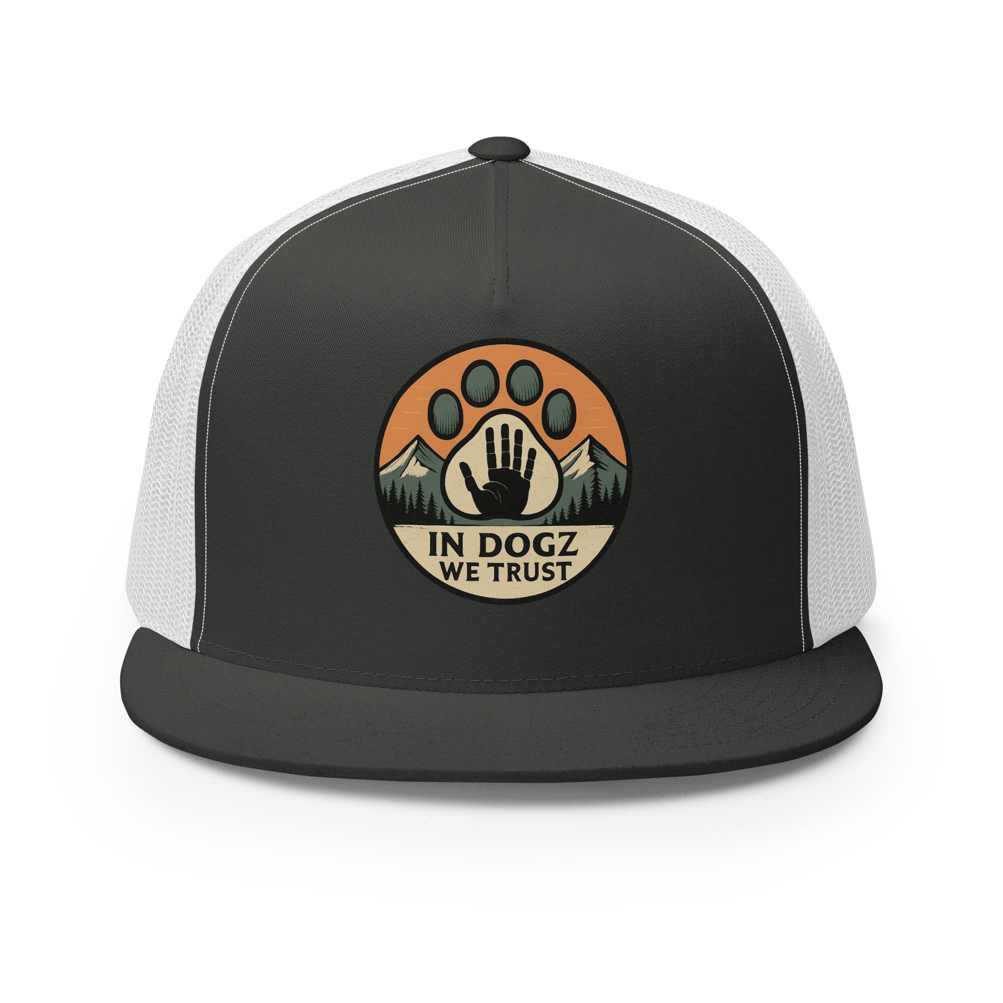 High Five Trucker Hat - Charcoal/White with Dog Paw Design - In Dogz We Trust - Front View