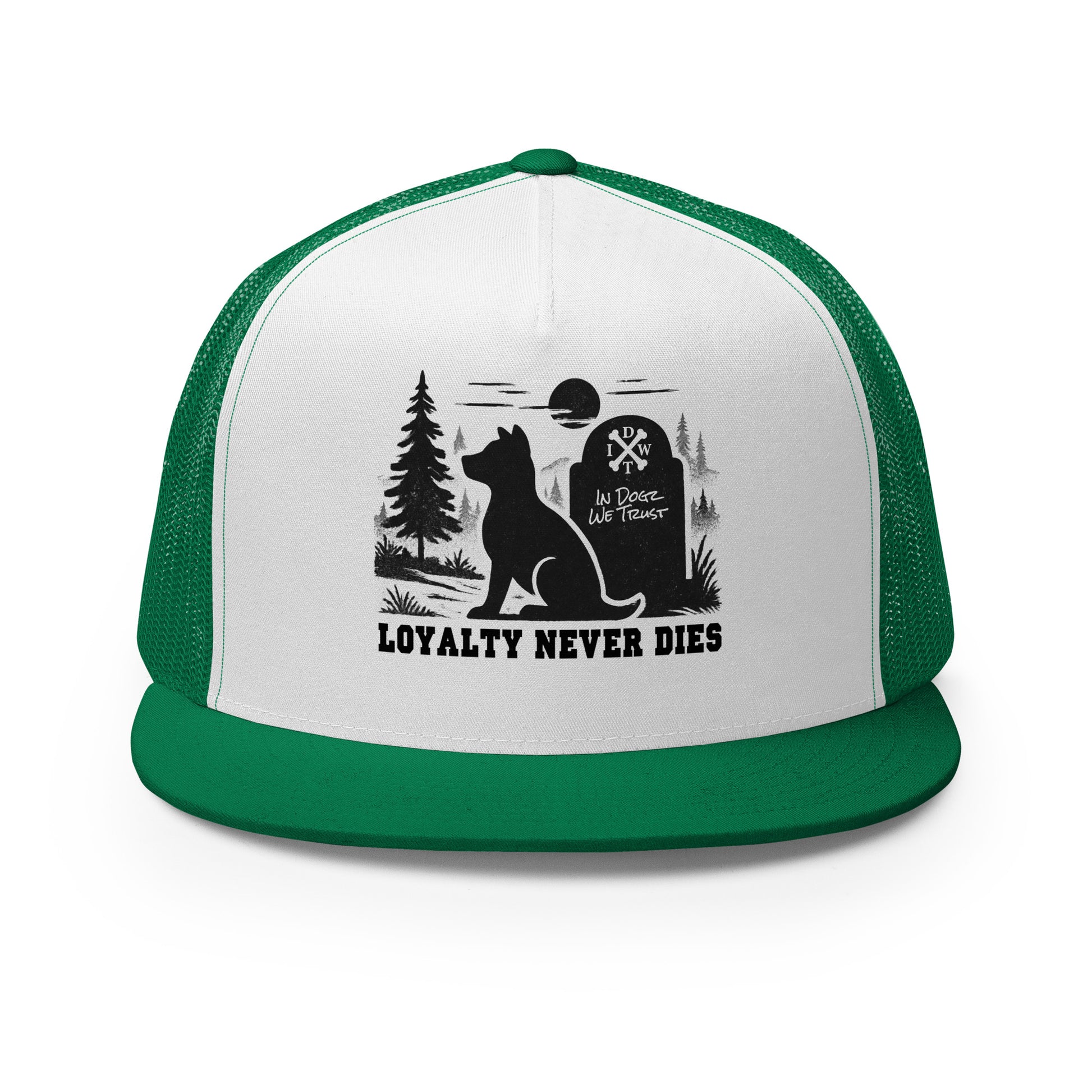 Loyalty Never Dies Trucker Hat - Kelly Green/White - In Dogz We Trust - Front View