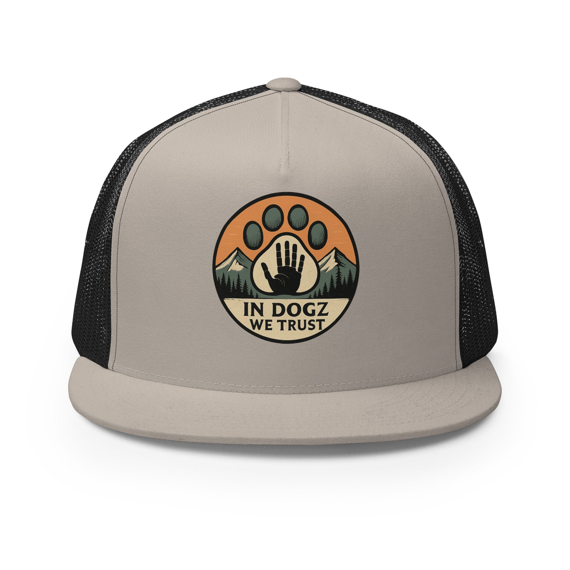 High Five Trucker Hat - Silver/Black with Dog Paw Design - In Dogz We Trust - Front View