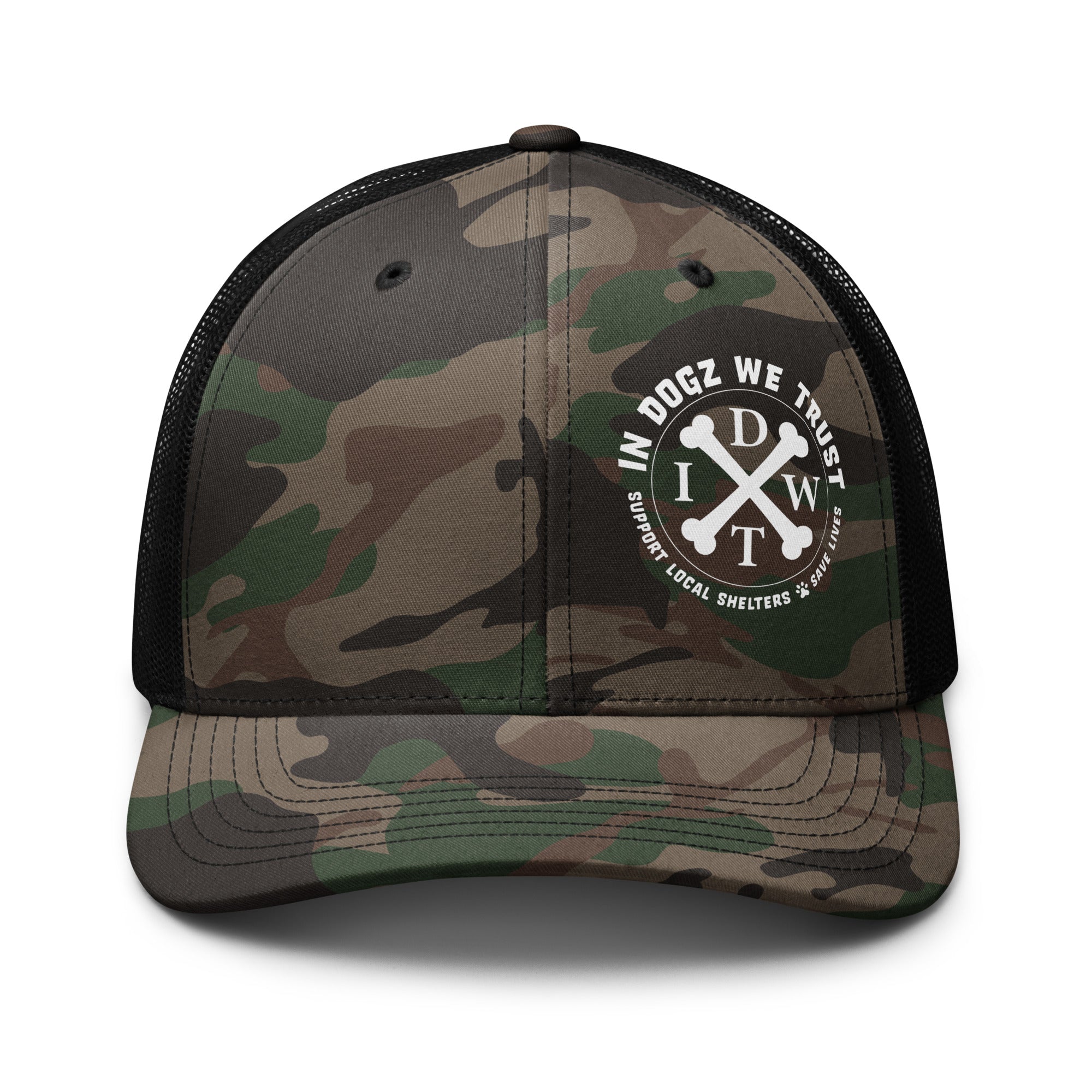 In Dogz We Trust Camo Trucker Hat - Camo Front / Black Mesh Back - Front View