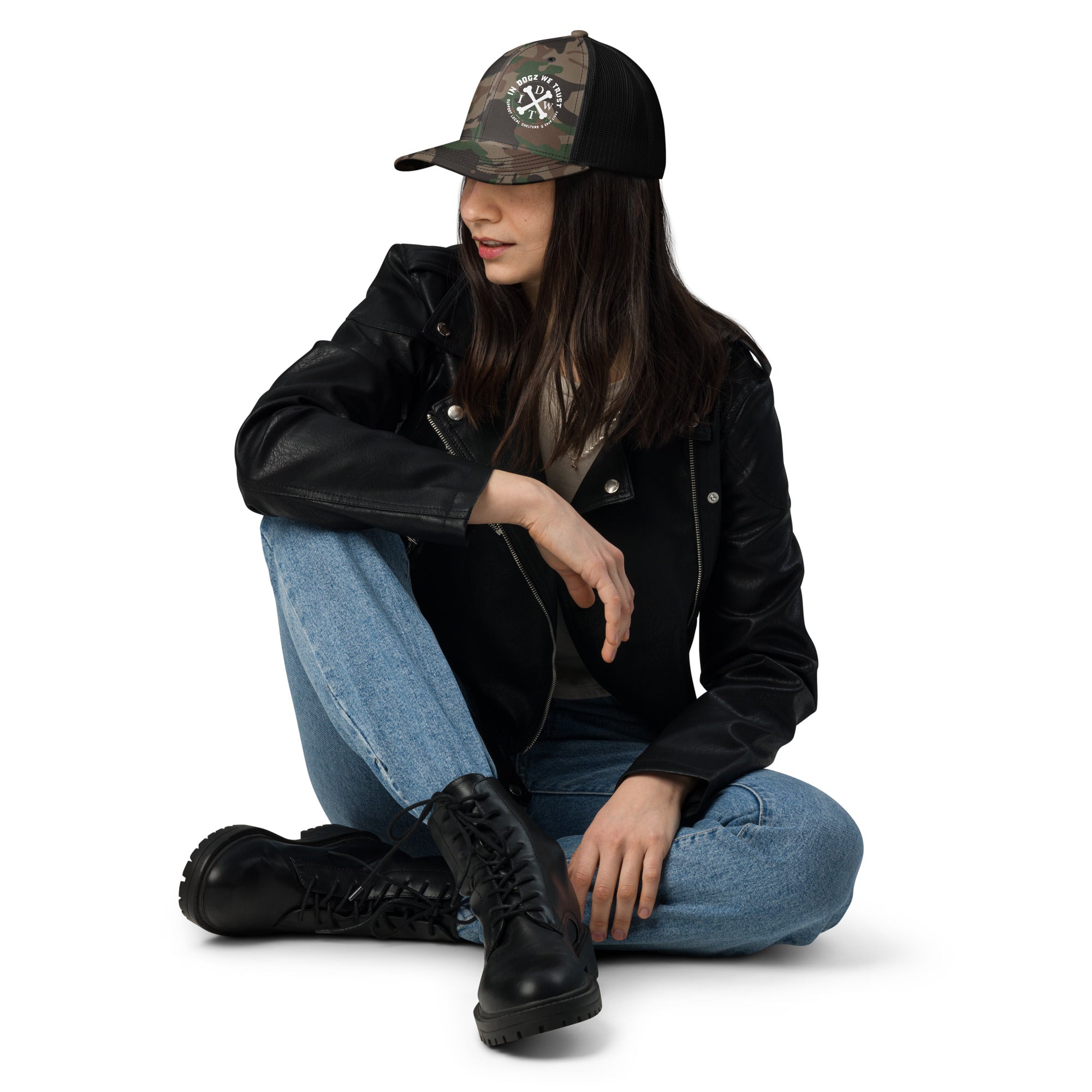 In Dogz We Trust Camo Trucker Hat - Female Model - Camo Front / Black Mesh Back - Side View