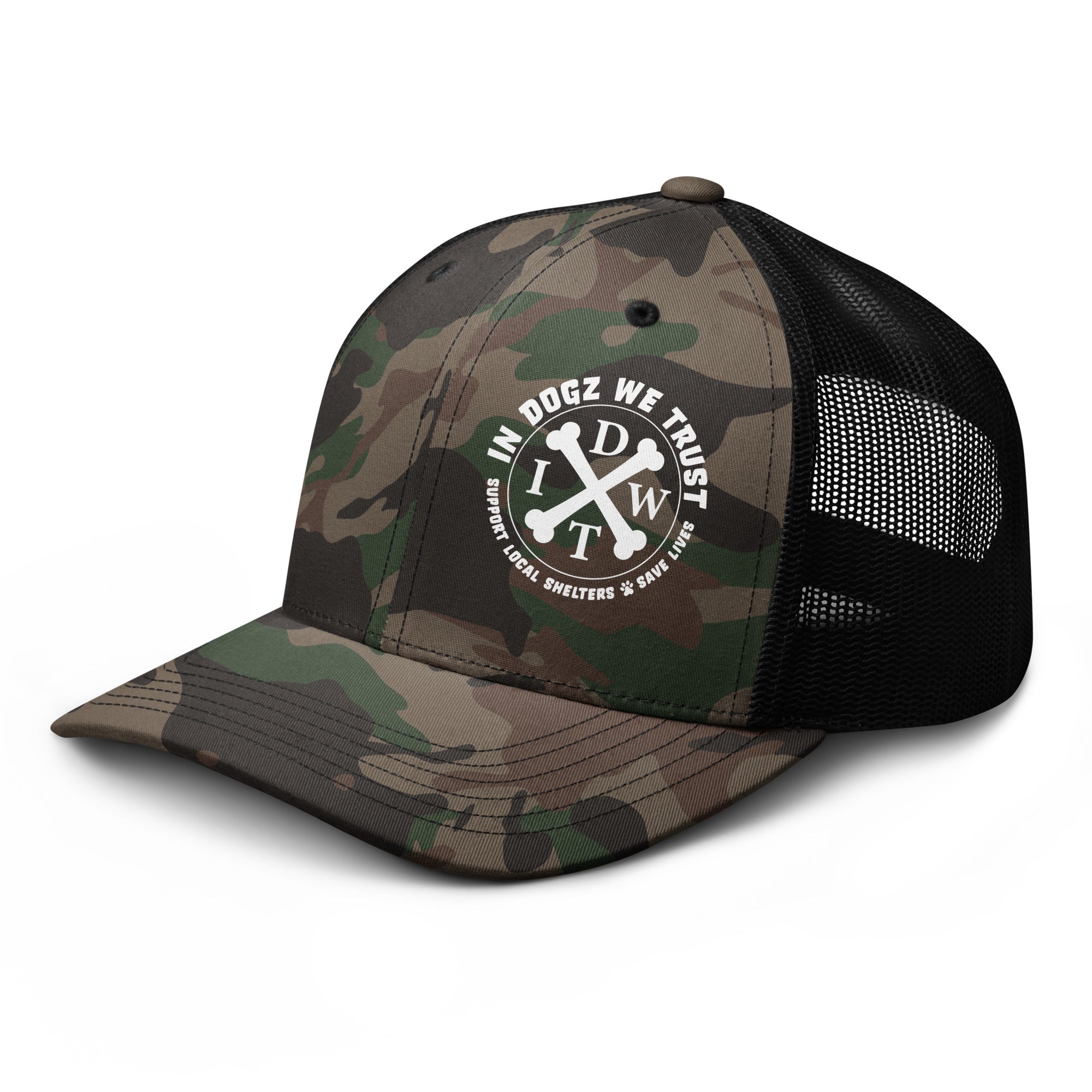 In Dogz We Trust Camo Trucker Hat - Camo Front / Black Mesh Back - Side View
