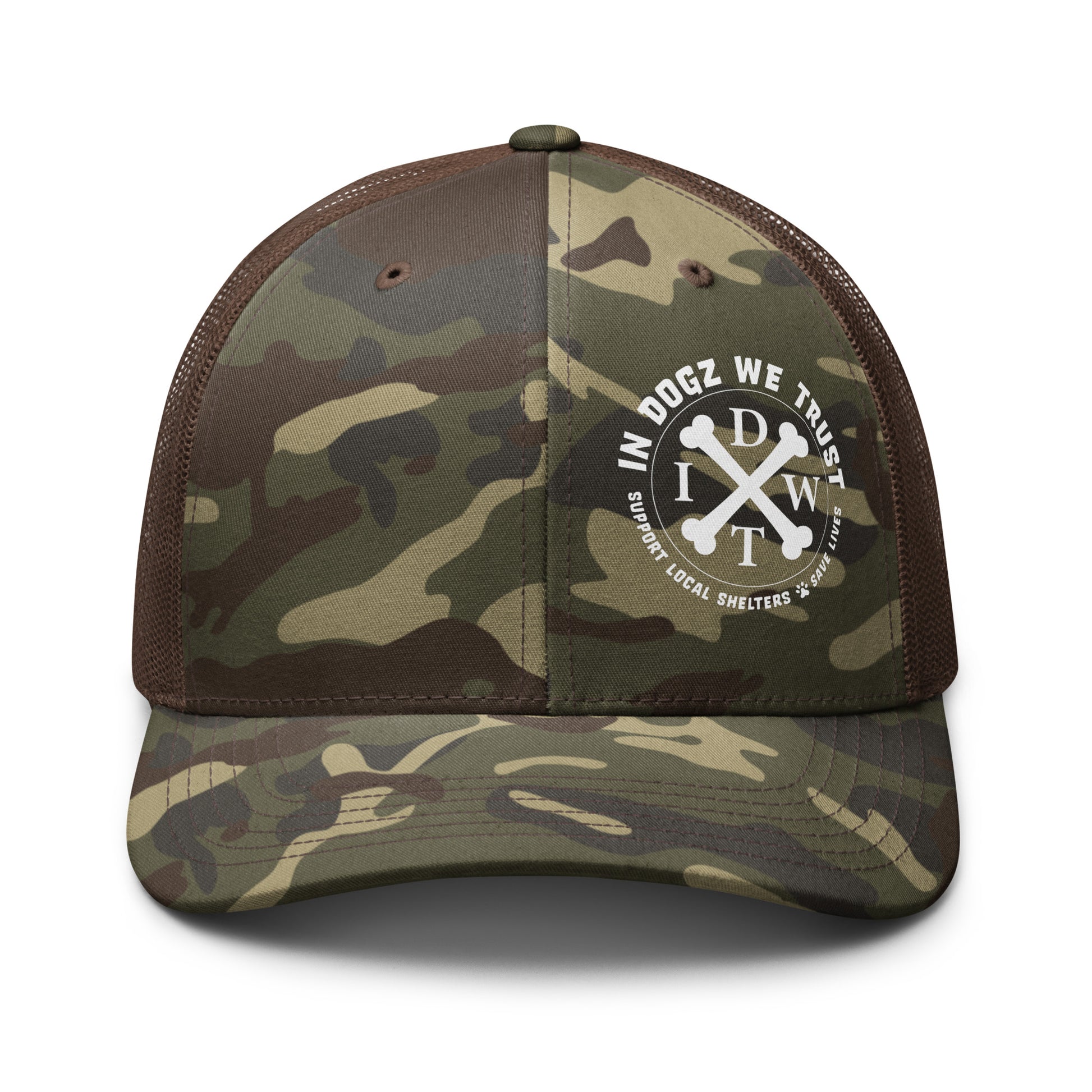 In Dogz We Trust Camo Trucker Hat - Camo Front / Brown Mesh Back - Front View