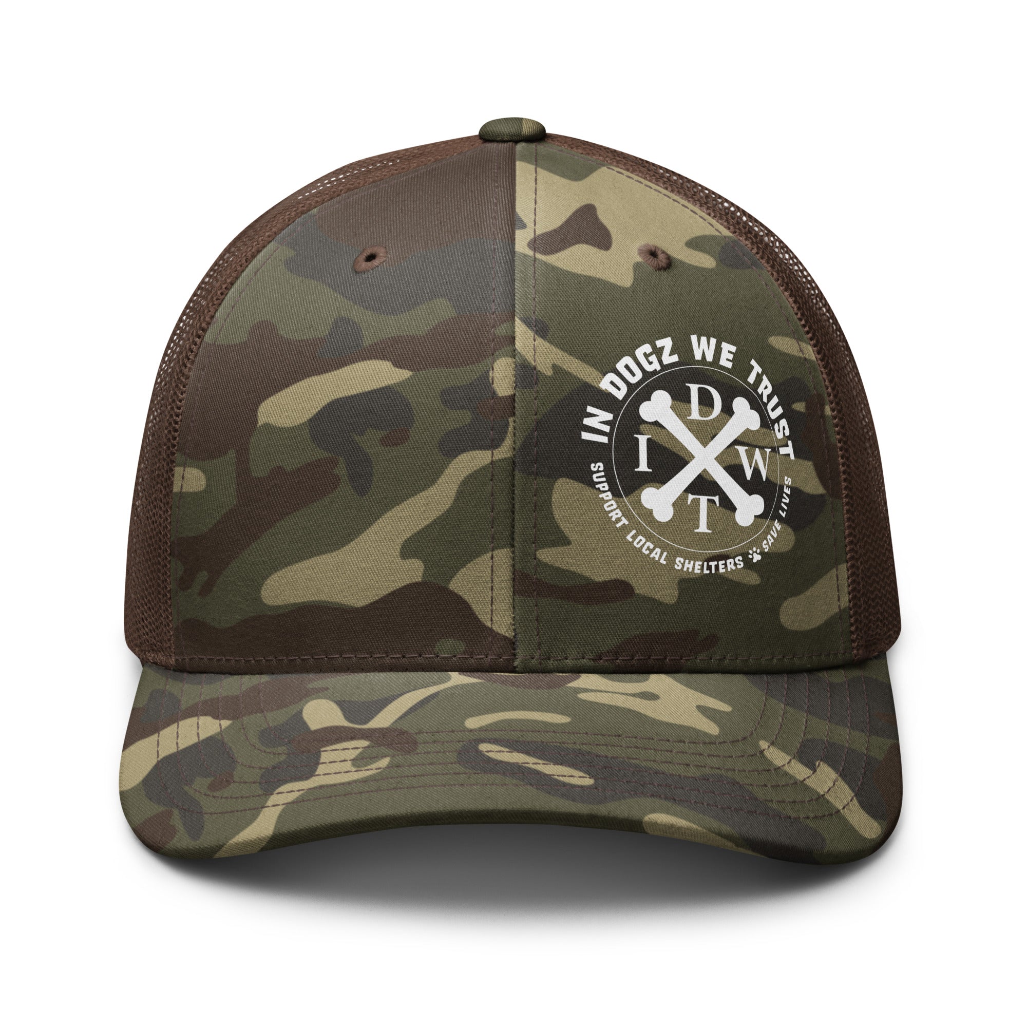 In Dogz We Trust Camo Trucker Hat - Camo Front / Brown Mesh Back - Front View