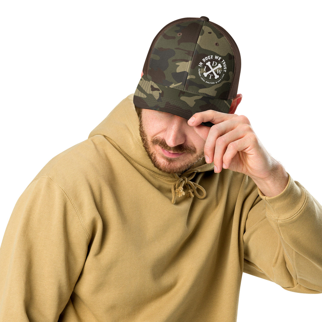 In Dogz We Trust Camo Trucker Hat - Camo Front / Black Mesh Back - Front View