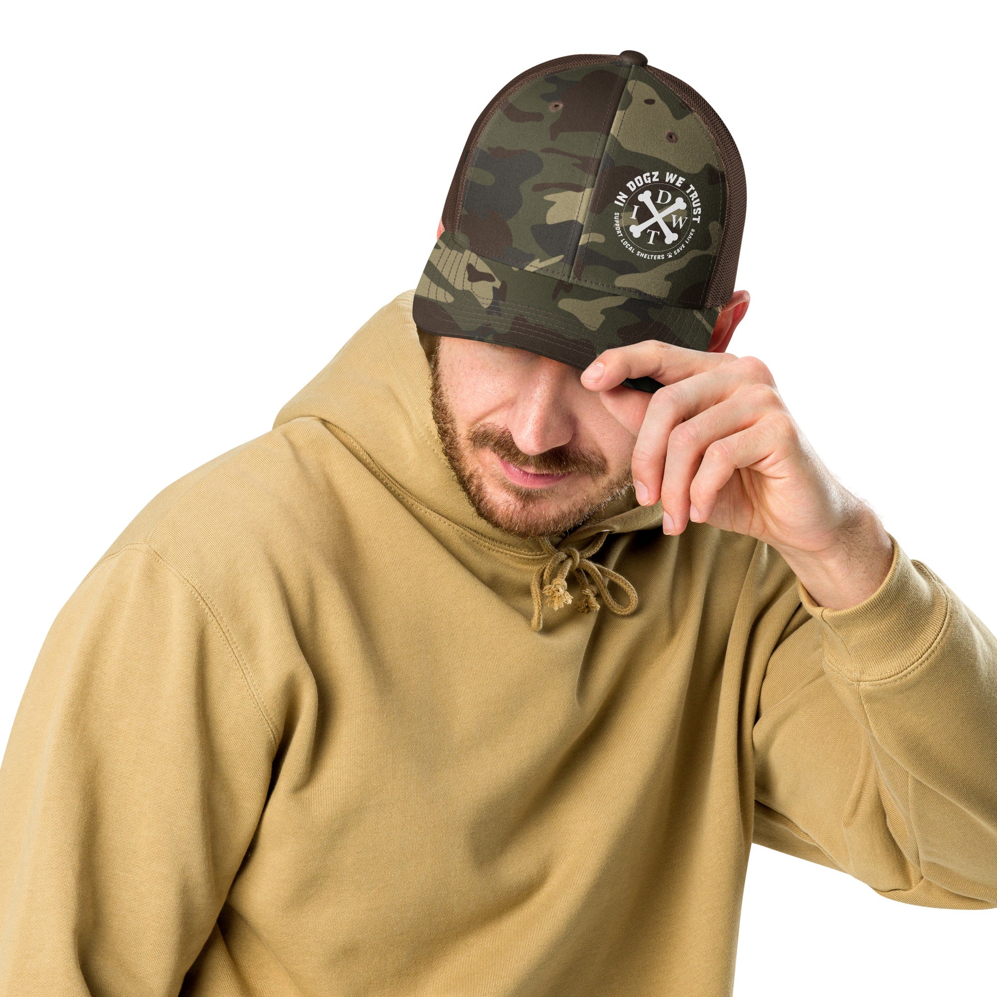 In Dogz We Trust Camo Trucker Hat - Male Model - Camo Front / Brown Mesh Back