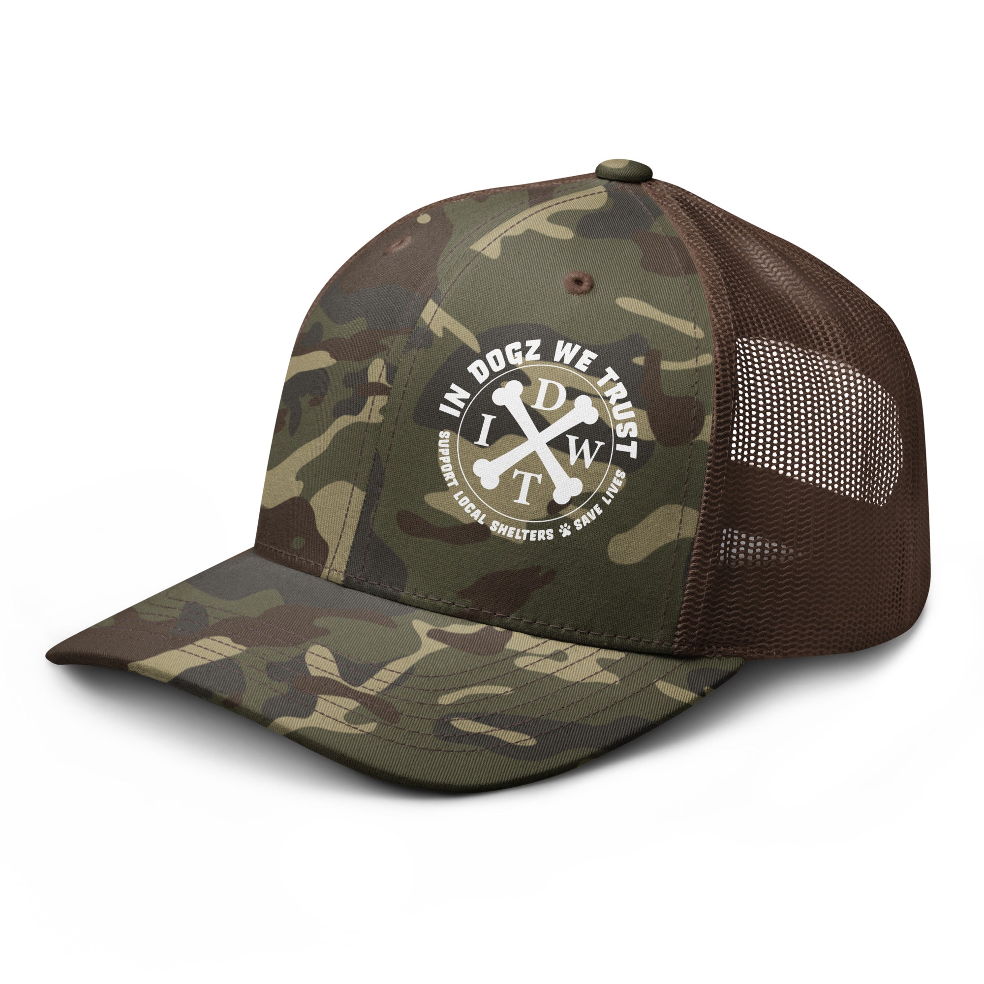 In Dogz We Trust Camo Trucker Hat - Camo Front / Brown Mesh Back - Side View