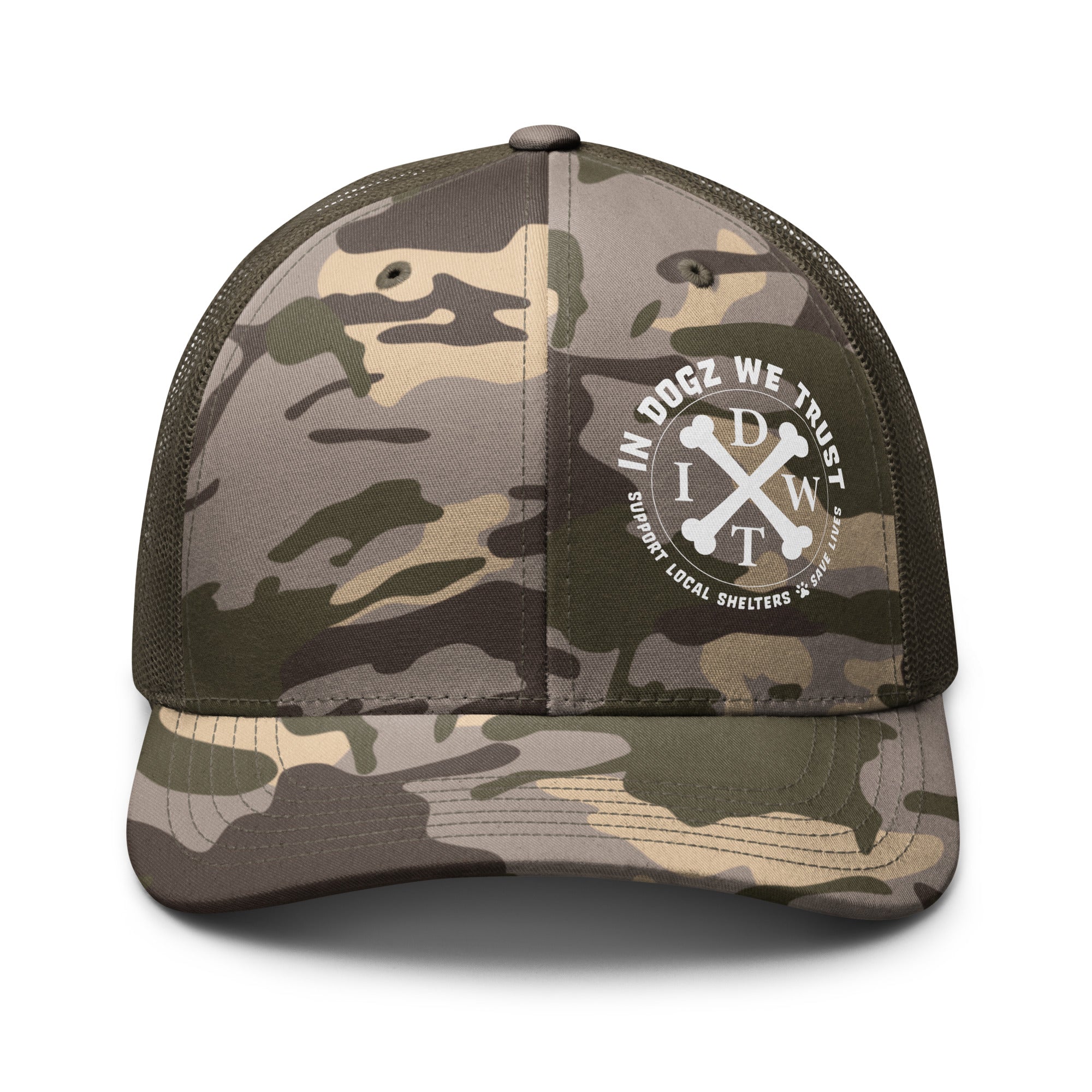 In Dogz We Trust Camo Trucker Hat - Camo Front / Olive Mesh Back - Front View