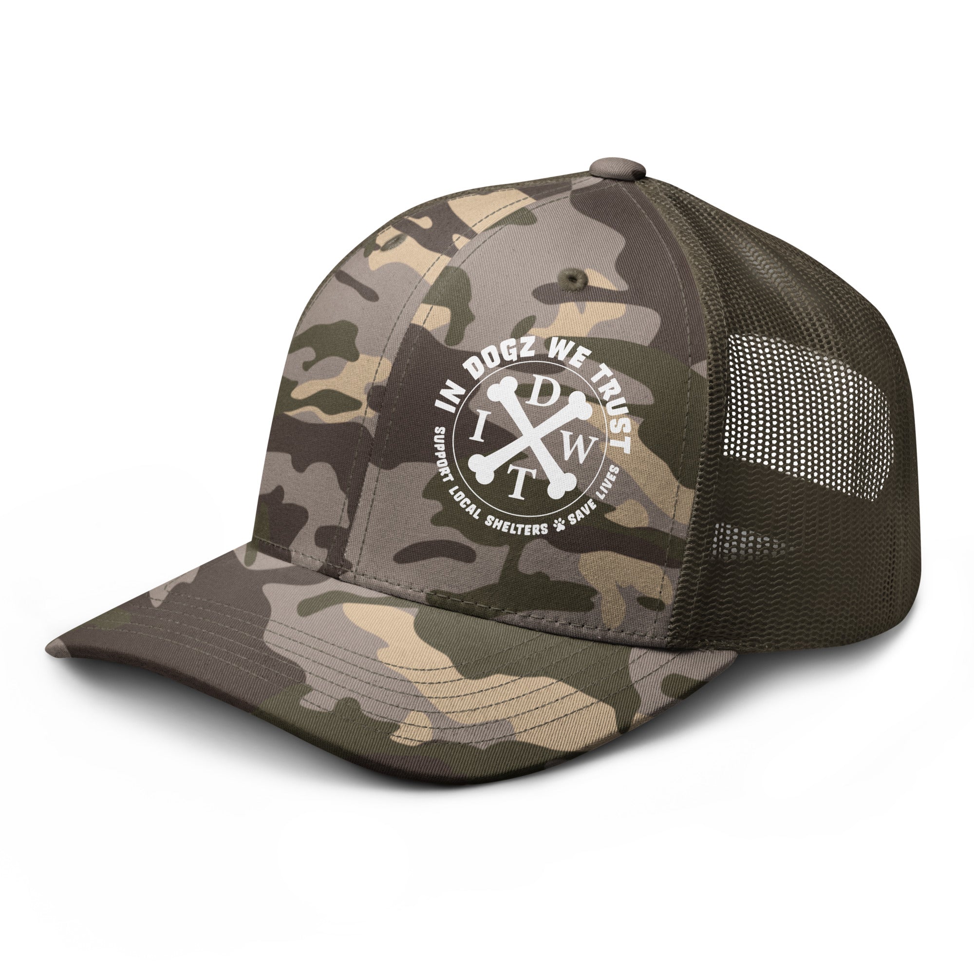 In Dogz We Trust Camo Trucker Hat - Camo Front / Olive Mesh Back - Side View