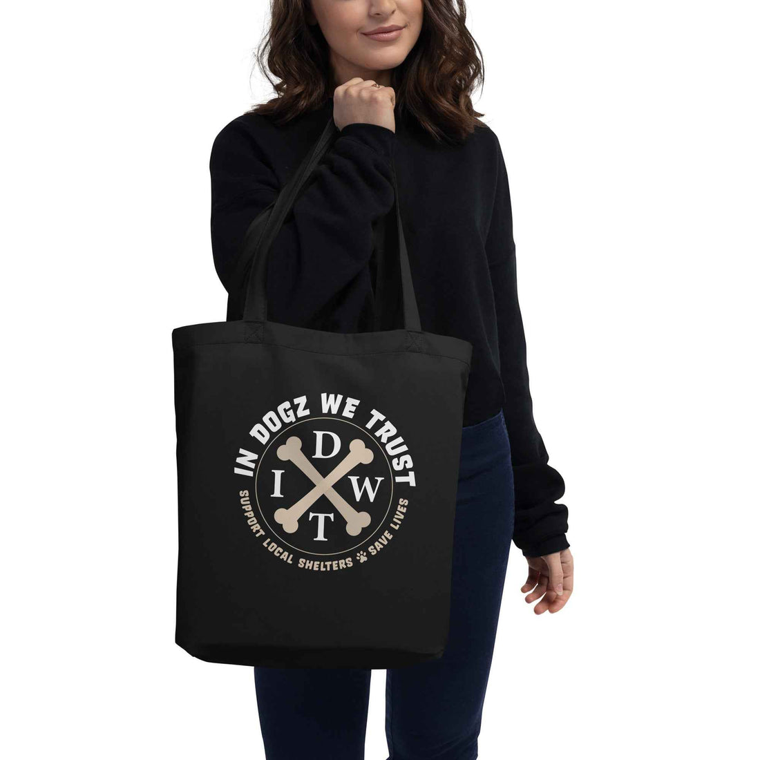 Doggy Bag: Eco Tote - In Dogz We Trust Logo on Black Canvas Tote - Front View