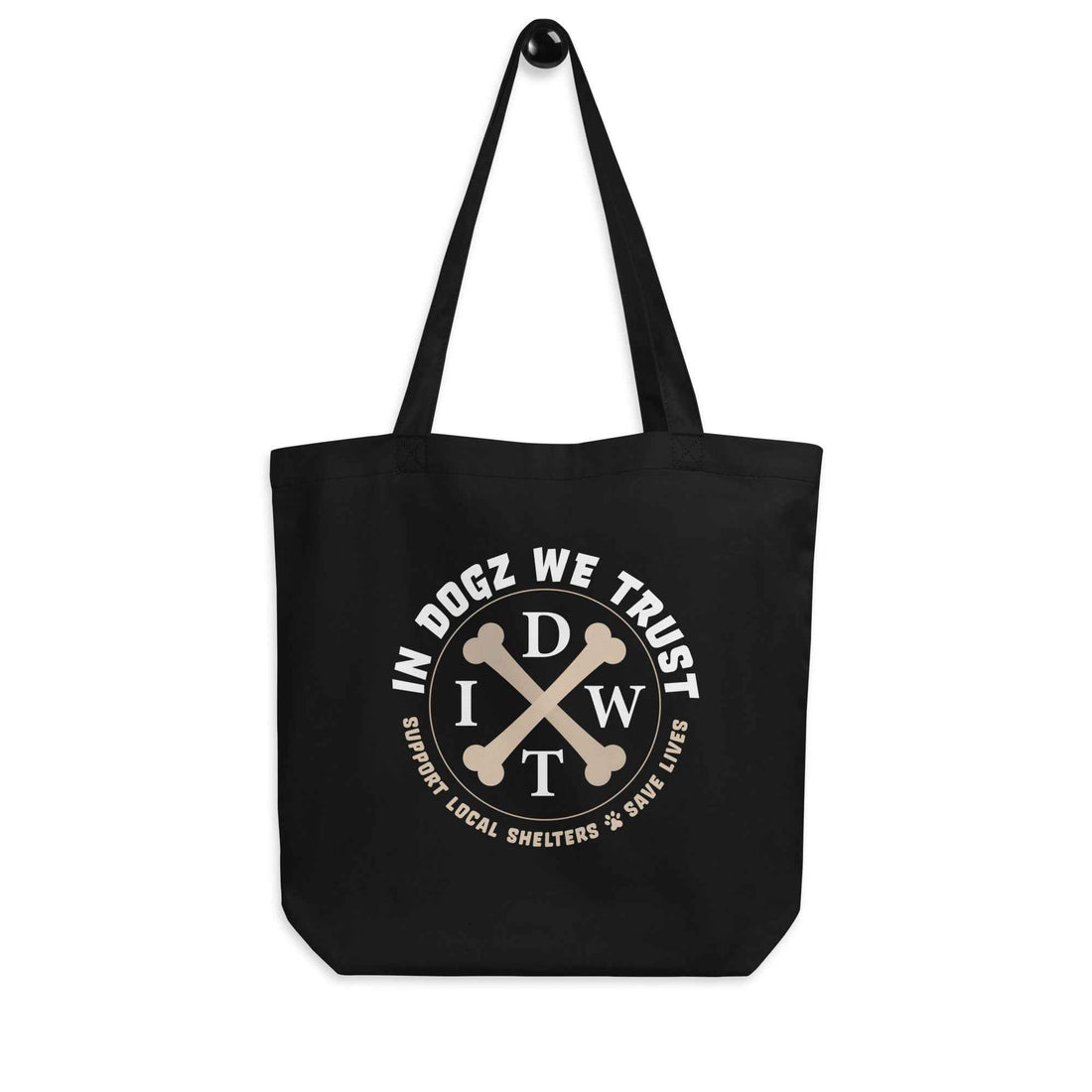 Doggy Bag: Eco Tote - In Dogz We Trust Logo on Black Canvas Tote - Front View