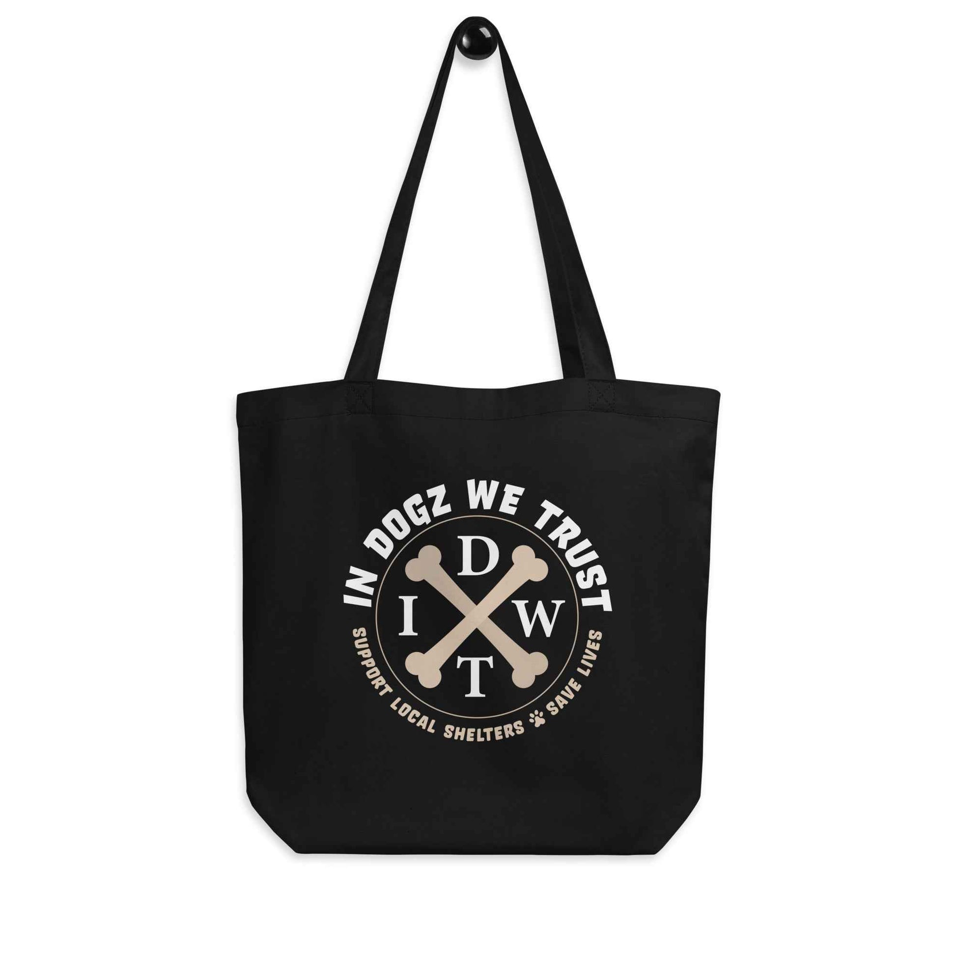 Doggy Bag: Eco Tote - In Dogz We Trust Logo on Black Canvas Tote - Front View