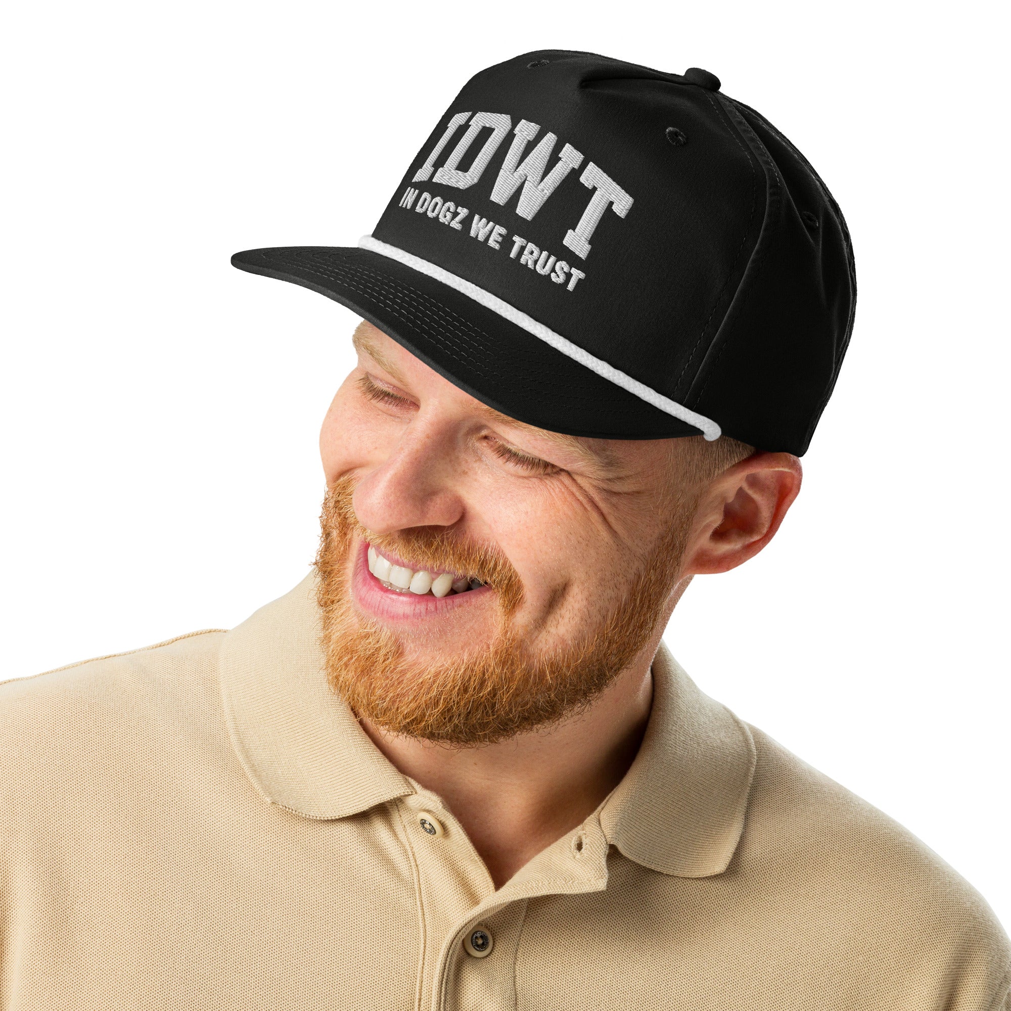 IDWT Embroidered Rope Hat - Black / White - In Dogz We Trust - Male Model - Front View