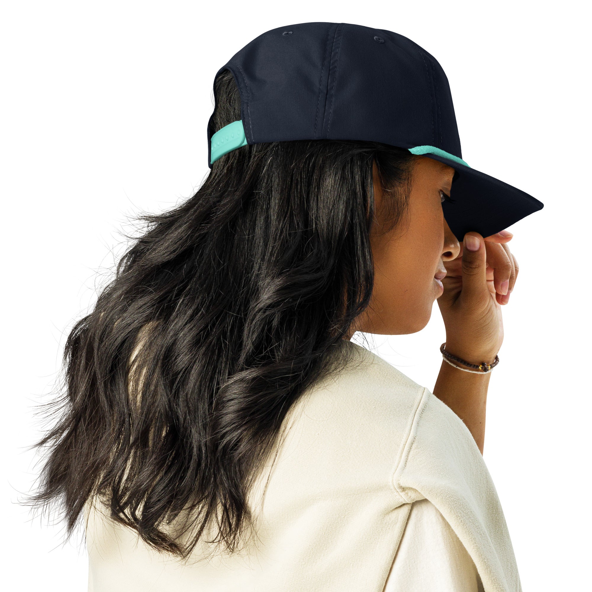 IDWT Embroidered Rope Hat - Navy / Teal - In Dogz We Trust - Female Model - Back Side View