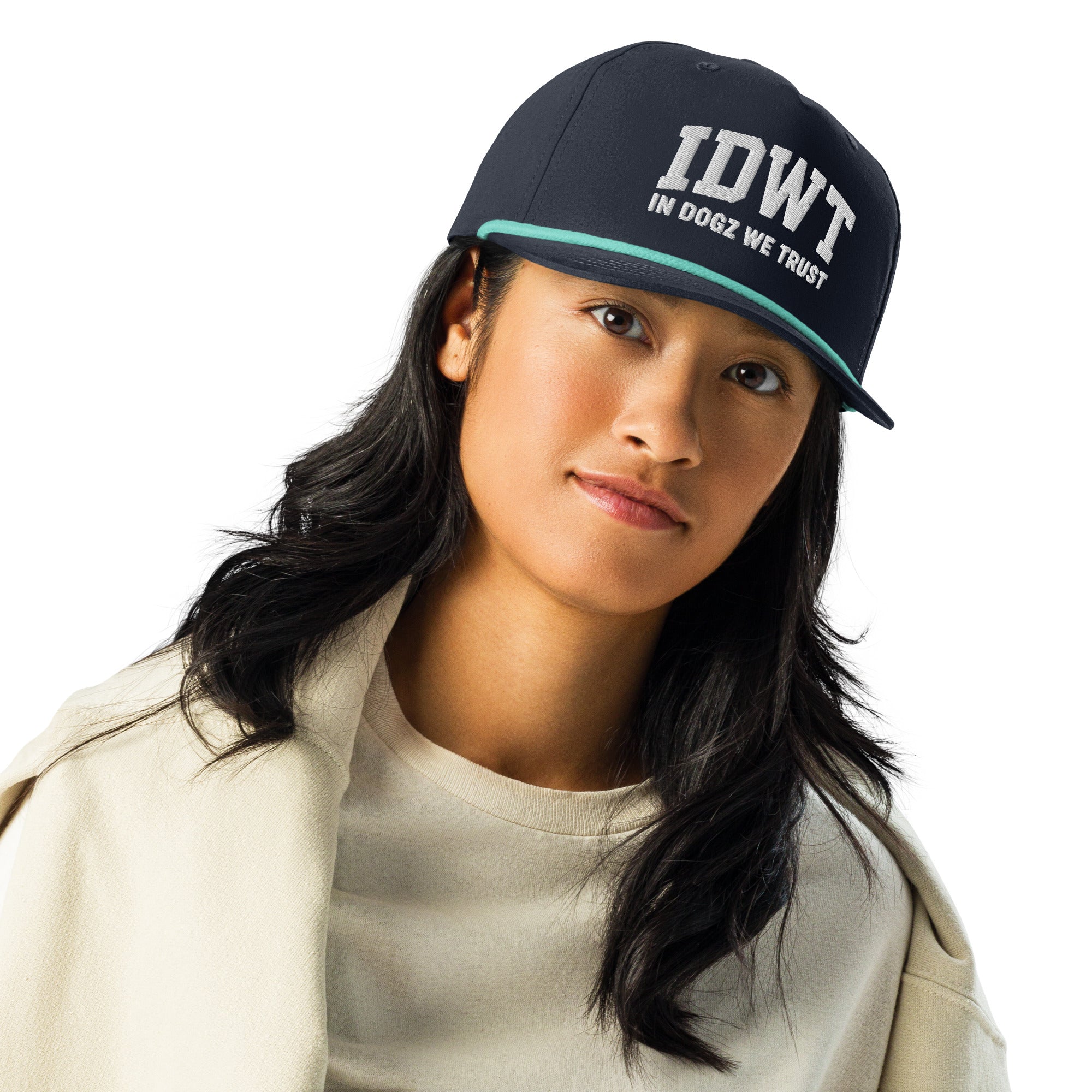 IDWT Embroidered Rope Hat - Navy / Teal - In Dogz We Trust - Female Model - Front View