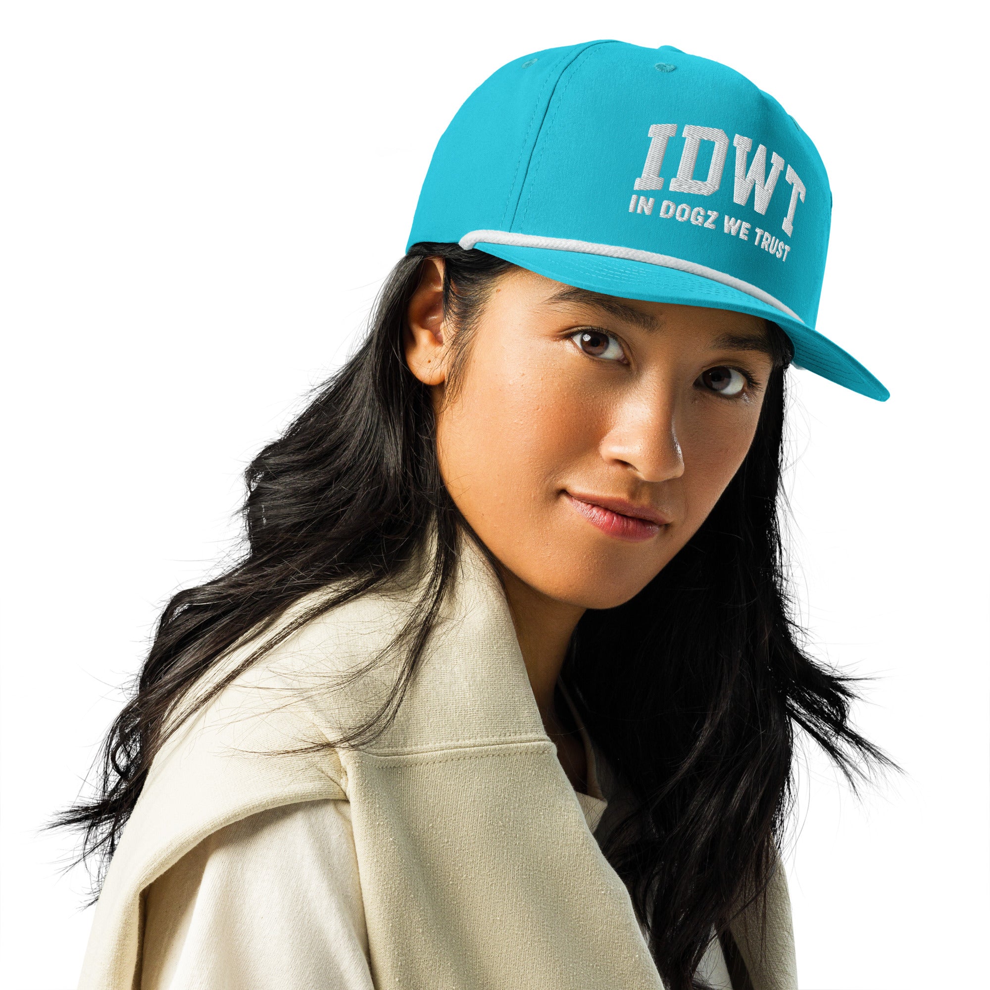 IDWT Embroidered Rope Hat - Turquoise/White - In Dogz We Trust - Female Model - Front View