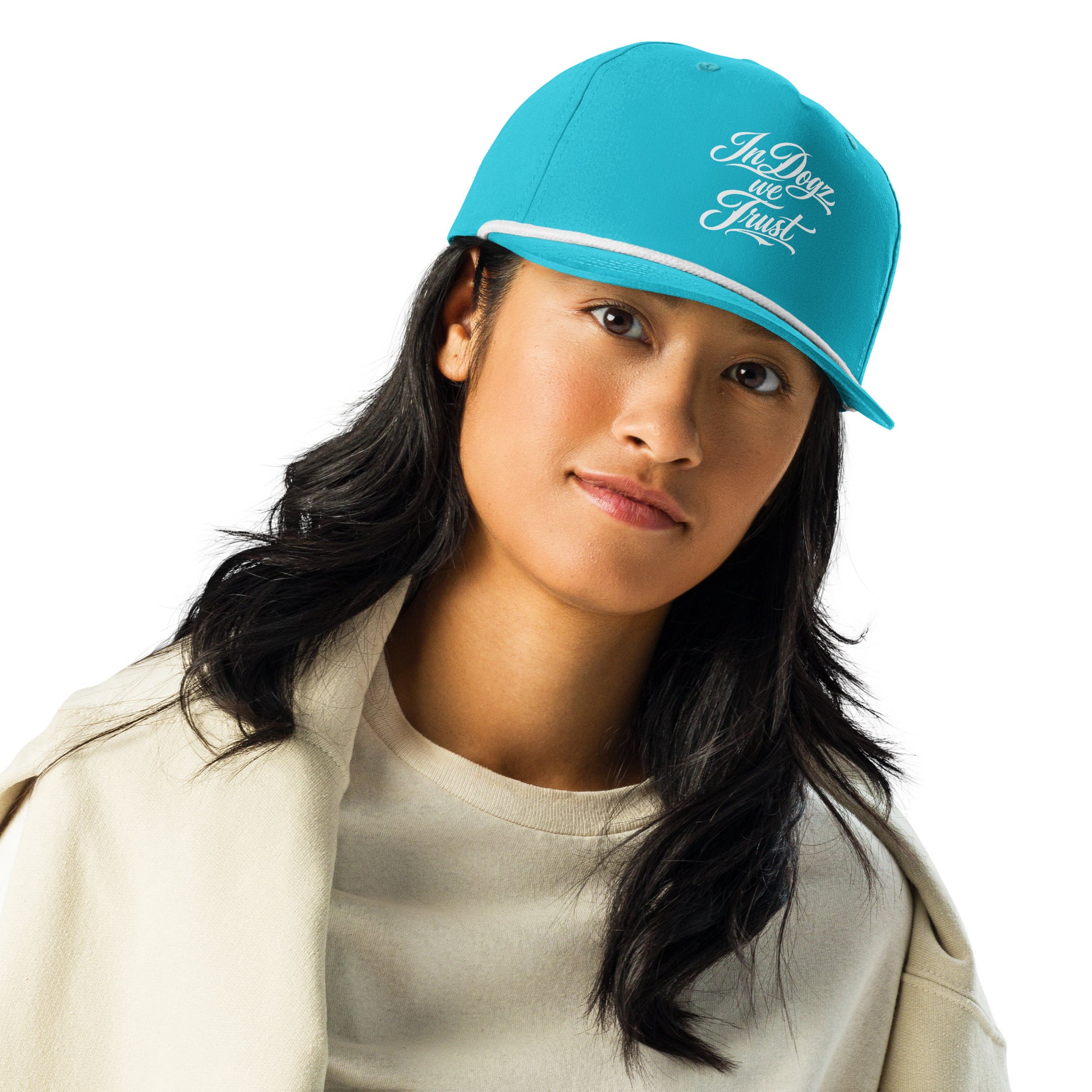 OG IDWT Rope Hat - Turquoise/White - In Dogz We Trust - Female Model - Front View