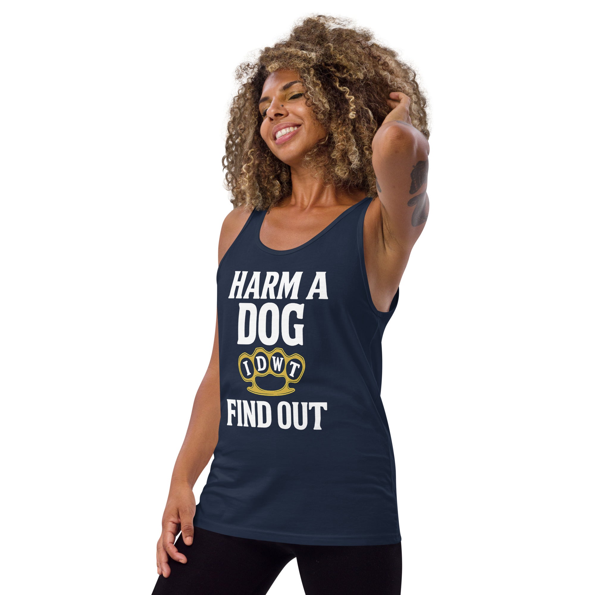 Harm a Dog & Find Out Tank Top - Navy Blue Razor Back - Female Model - In Dogz We Trust