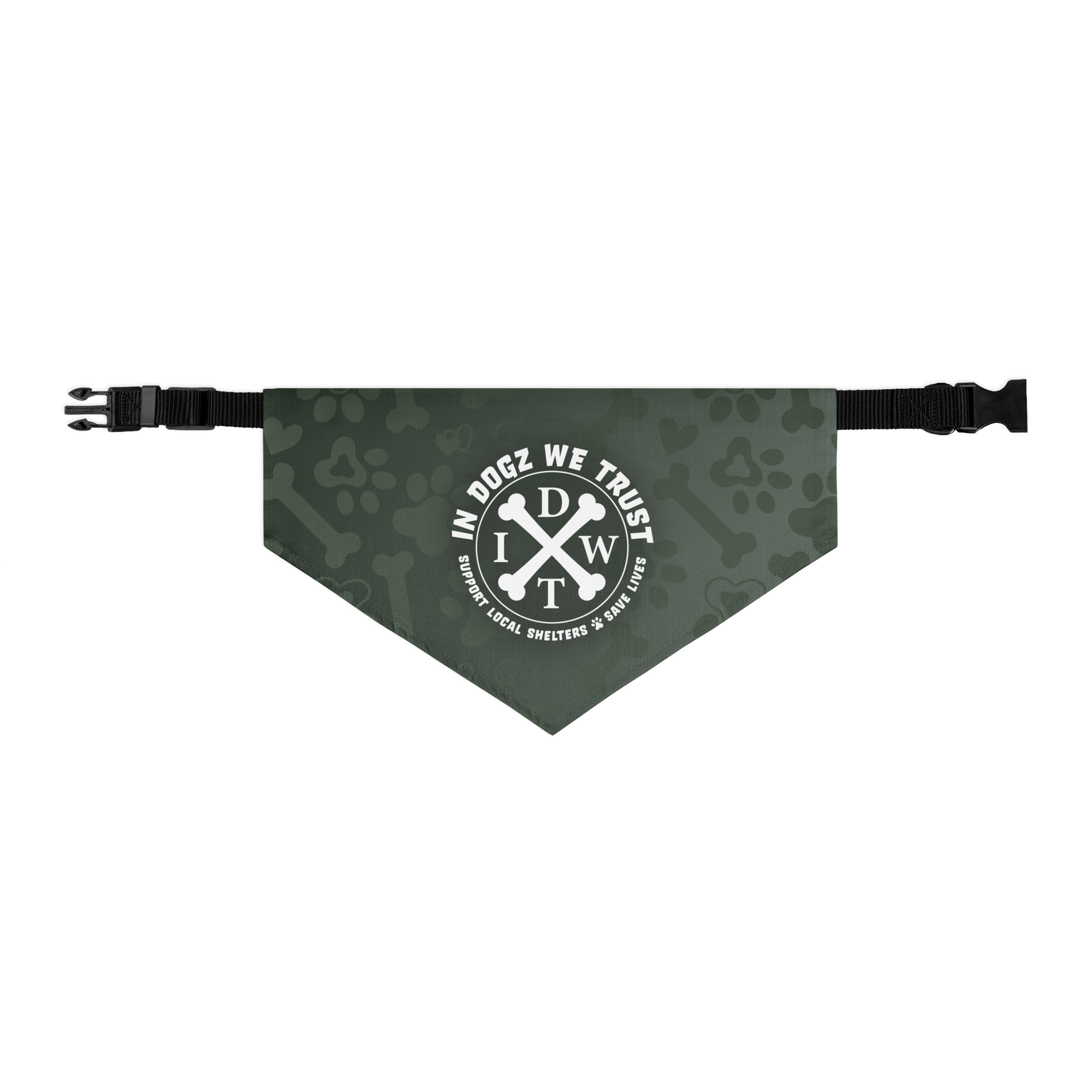 Crossbones Adjustable Pet Bandana Collar - In Dogz We Trust - Forest Green with Black Collar - Size: L
