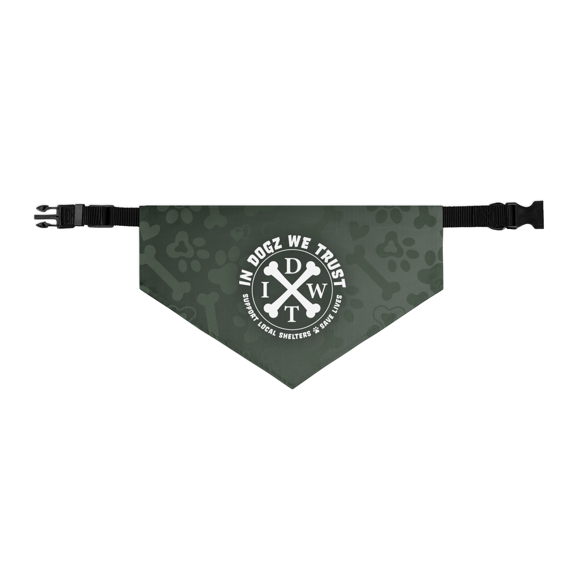 Crossbones Adjustable Pet Bandana Collar - In Dogz We Trust - Forest Green with Black Collar - Size: L
