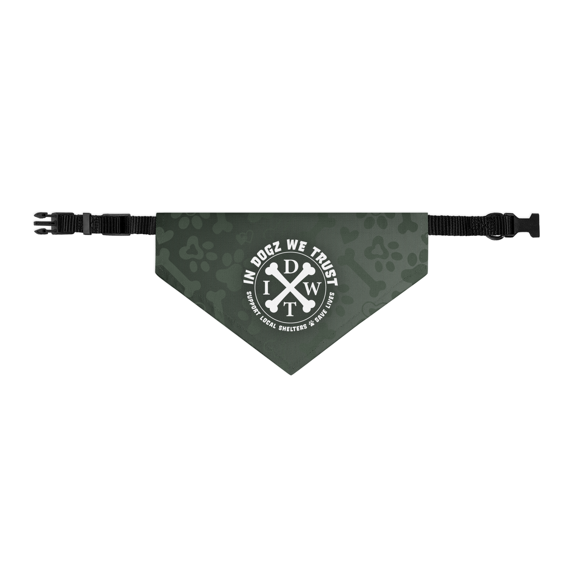 Crossbones Adjustable Pet Bandana Collar - In Dogz We Trust - Forest Green with Black Collar - Size: M