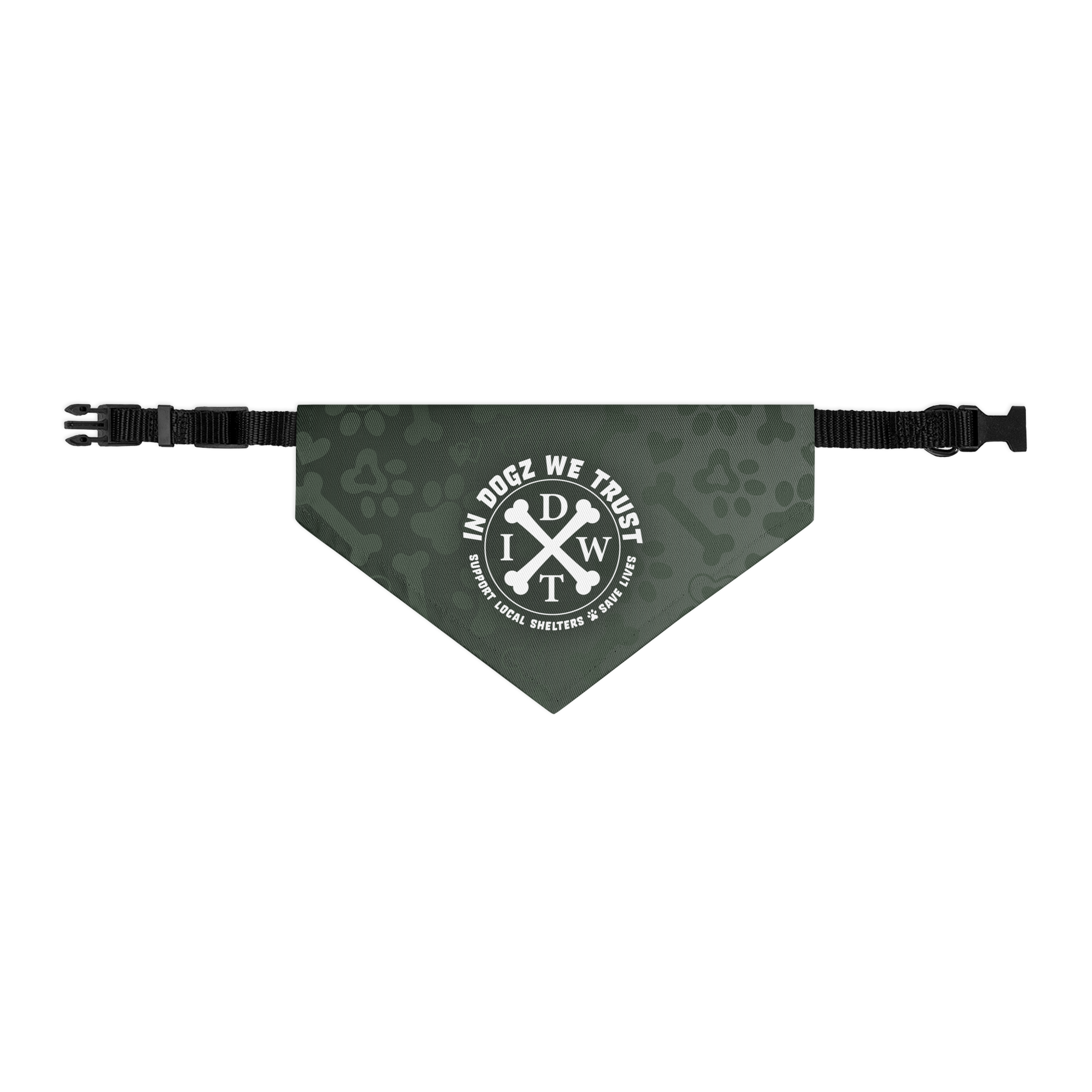 Crossbones Adjustable Pet Bandana Collar - In Dogz We Trust - Forest Green with Black Collar - Size: M