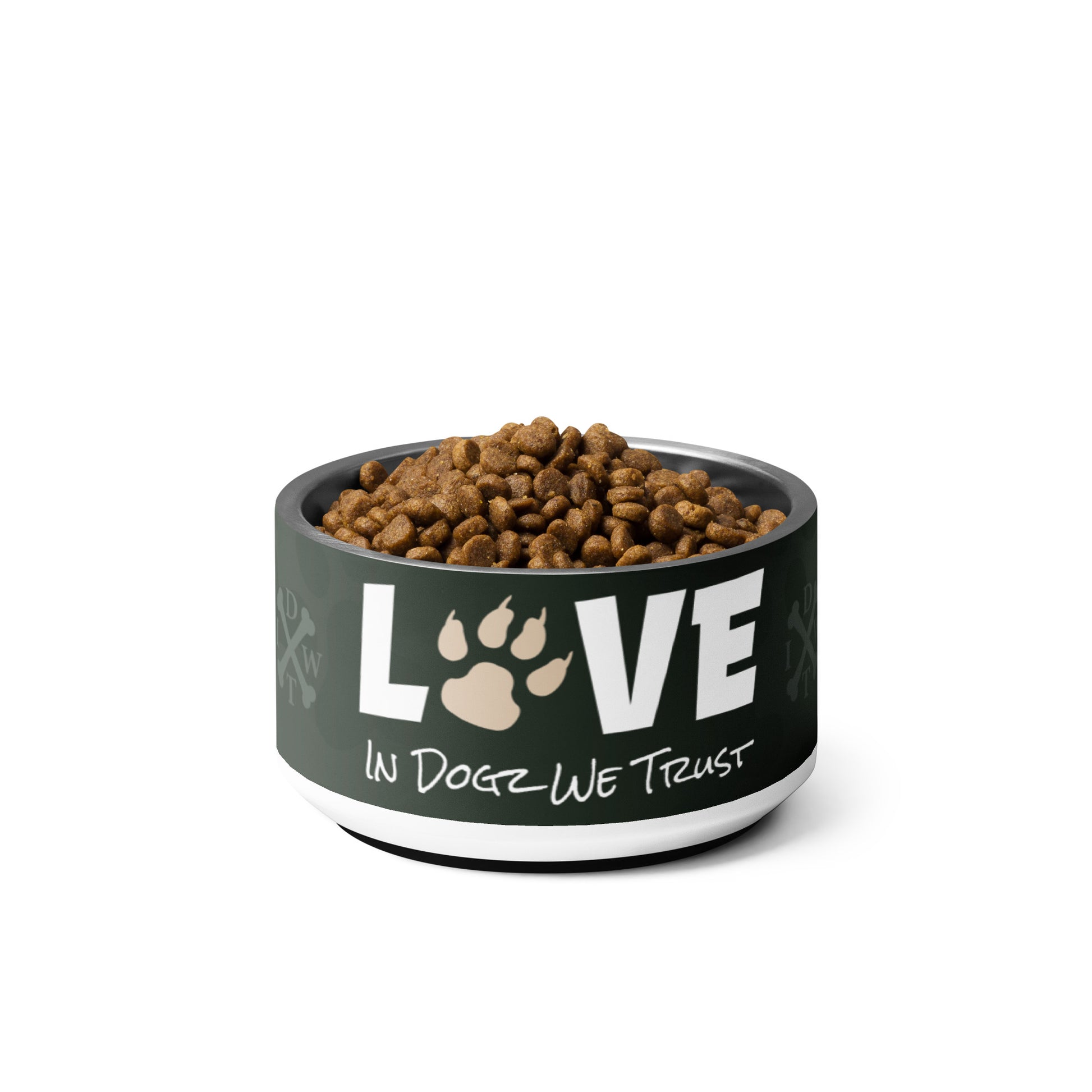 Puppy Love Pet Bowl - In Dogz We Trust - 18 oz - Front Display with Kibble