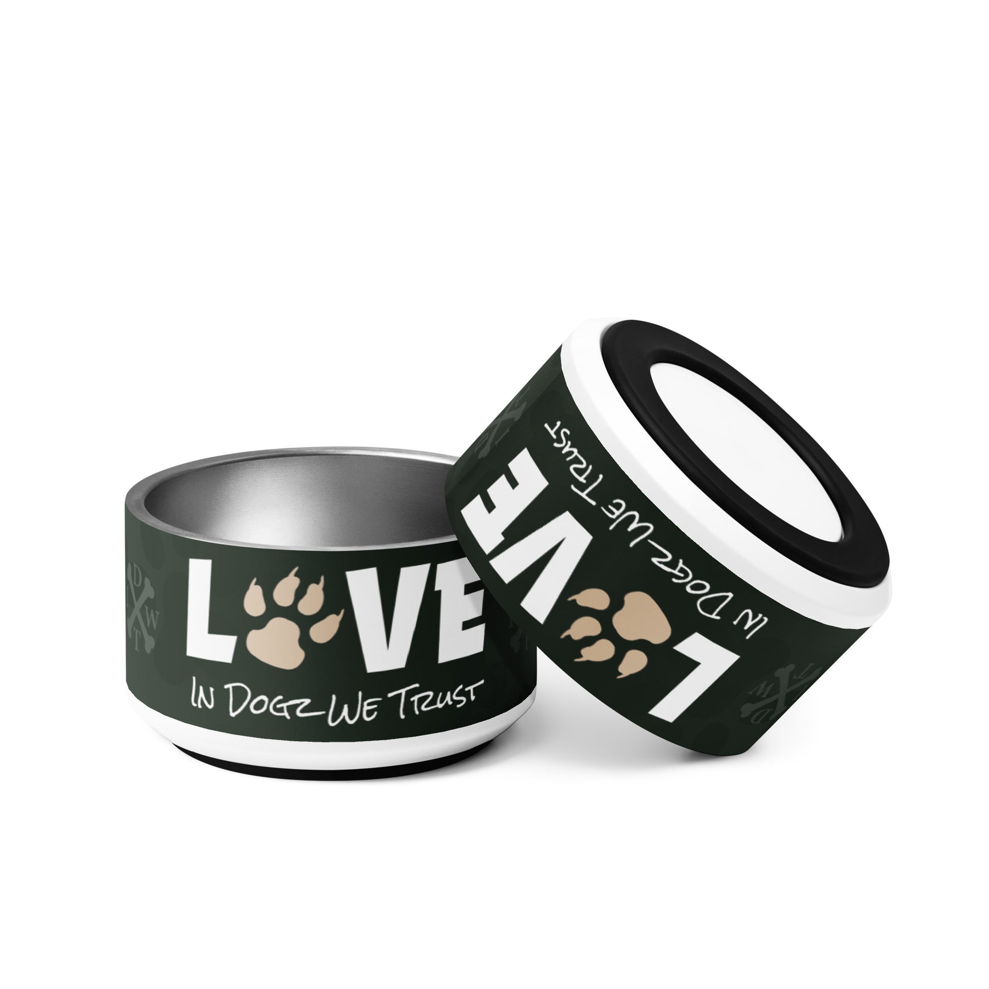 Puppy Love Pet Bowl - In Dogz We Trust - 32 oz - Showing Stainless Steel Inside & Anti-slip Rubber Base