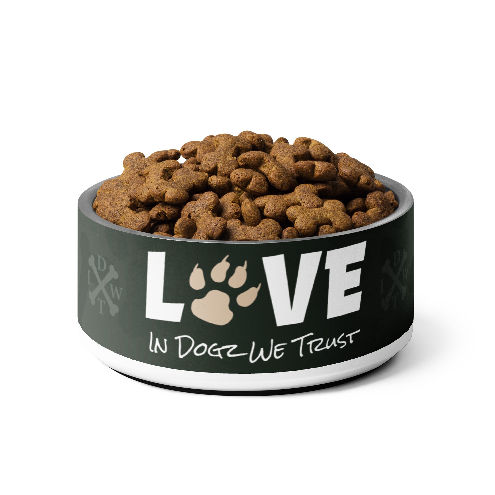 Puppy Love Pet Bowl - In Dogz We Trust - 32 oz - Front Display with Kibble