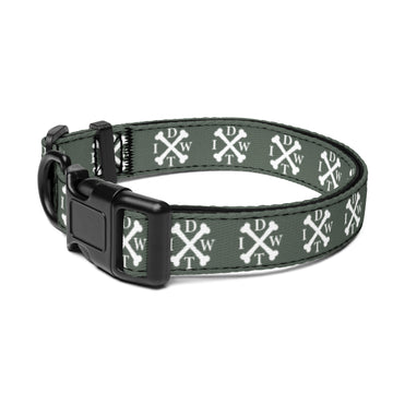 Crossbones Adjustable Dog Collar - Forest Green with White IDWT Logos - In Dogz We Trust - Size: Large