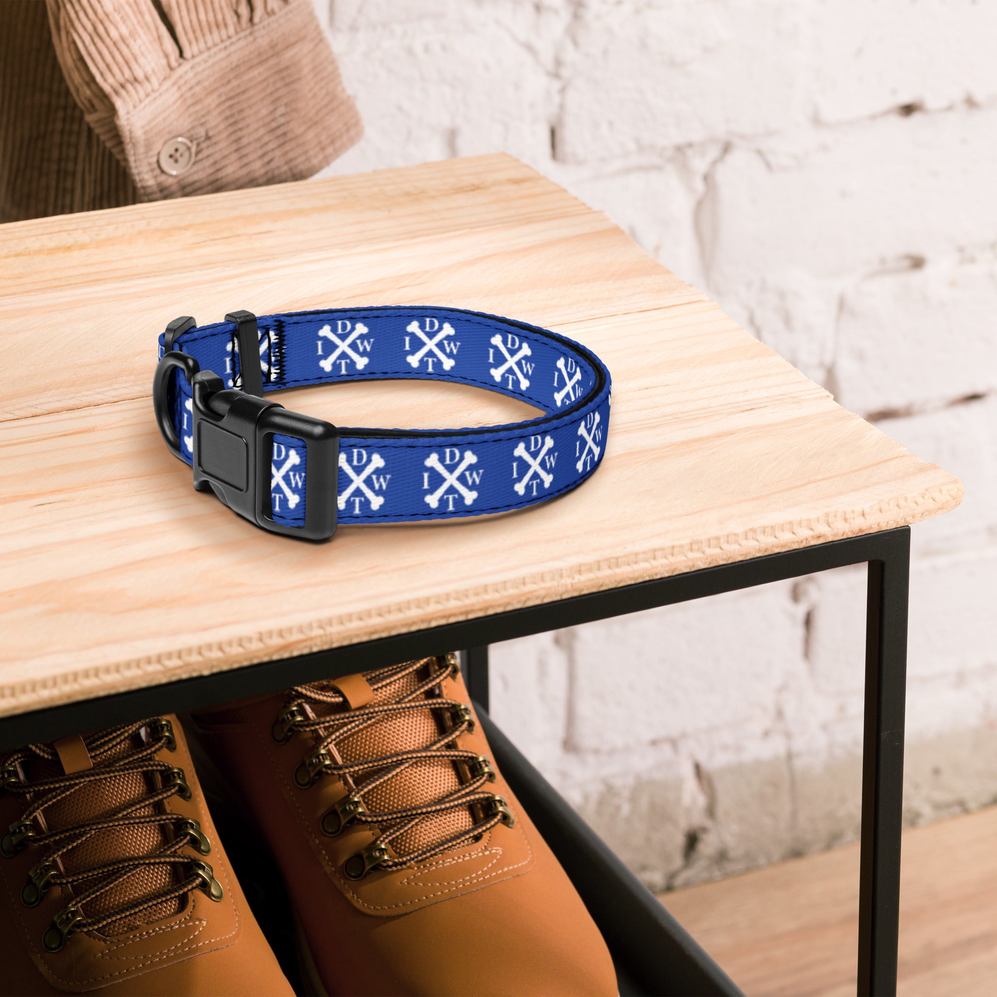 Crossbones Adjustable Dog Collar - Blue with White IDWT Logos - In Dogz We Trust