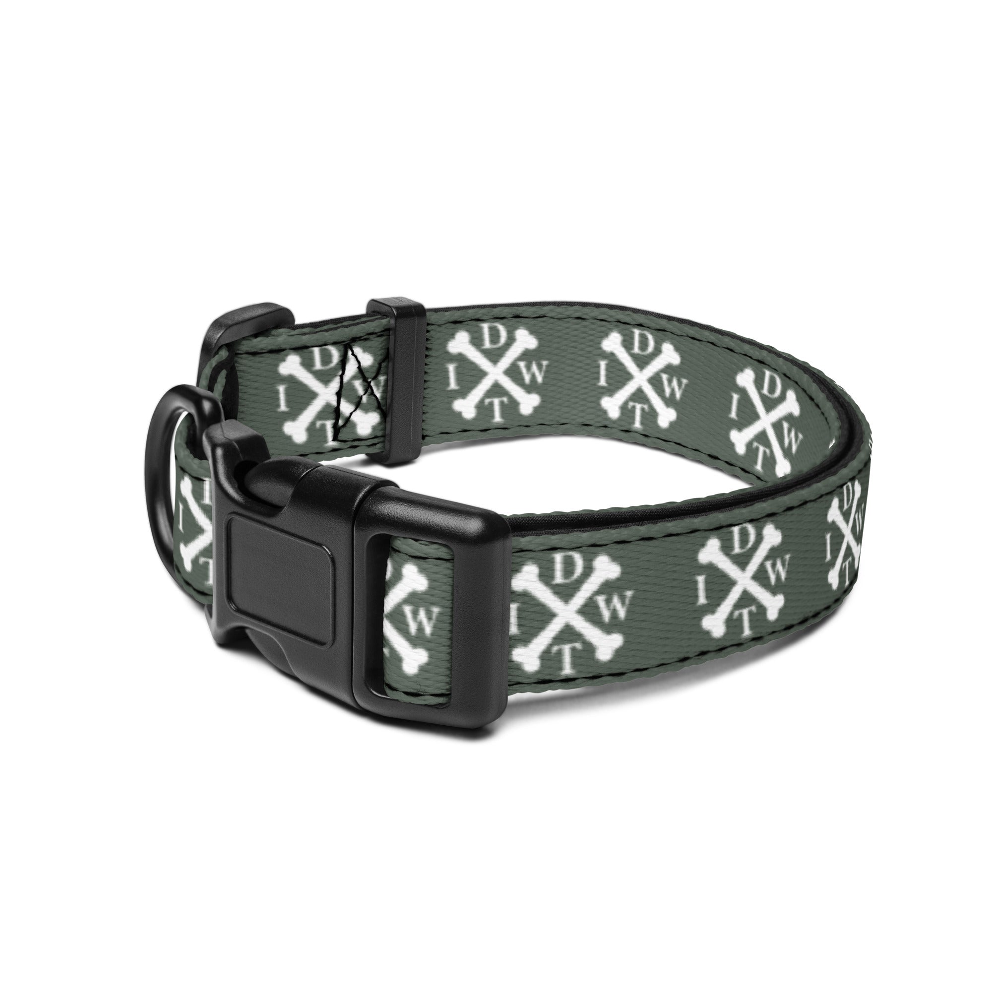 Crossbones Adjustable Dog Collar - Forest Green with White IDWT Logos - In Dogz We Trust - Size: Medium