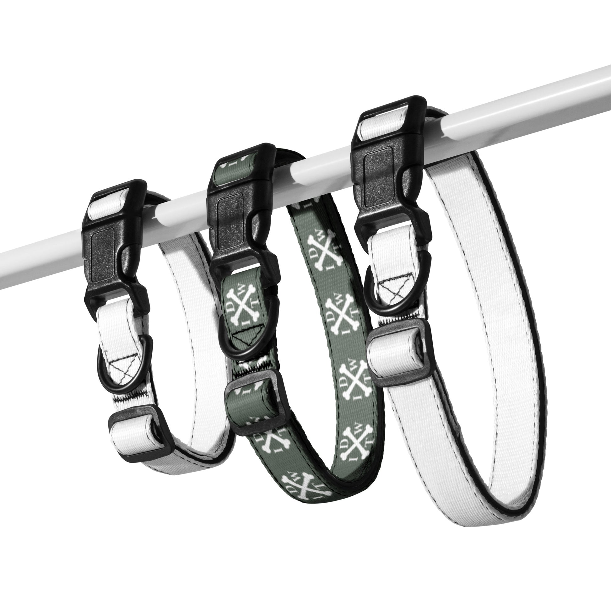 Crossbones Adjustable Dog Collar - Forest Green with White IDWT Logos - In Dogz We Trust - Multiple Sizes