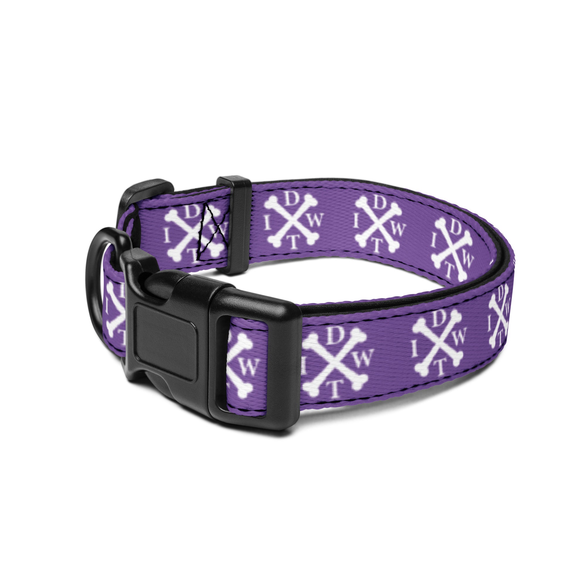 Crossbones Adjustable Dog Collar - Purple with White IDWT Logos - In Dogz We Trust - Size: Medium