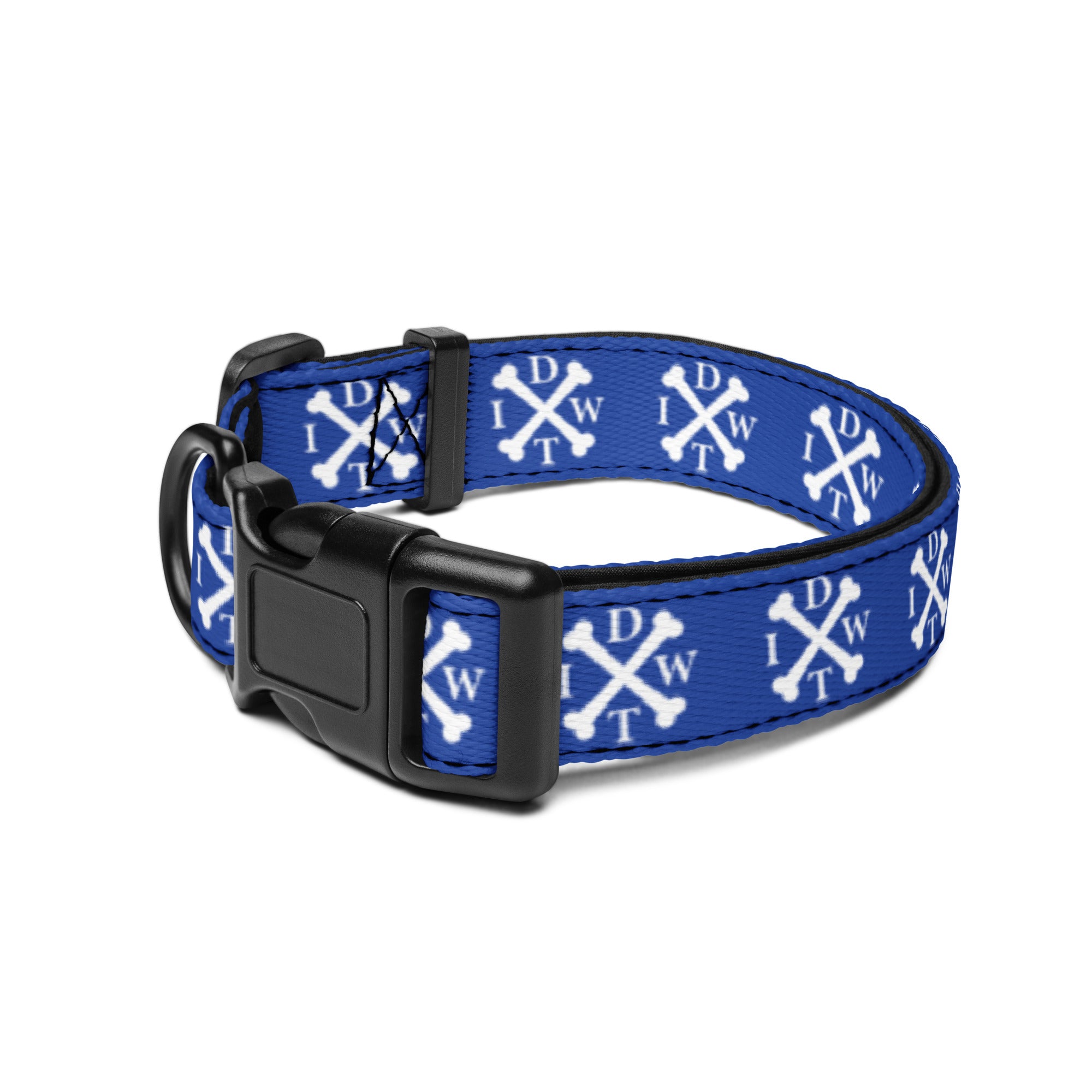 Crossbones Adjustable Dog Collar - Blue with White IDWT Logos - In Dogz We Trust - Size: Medium