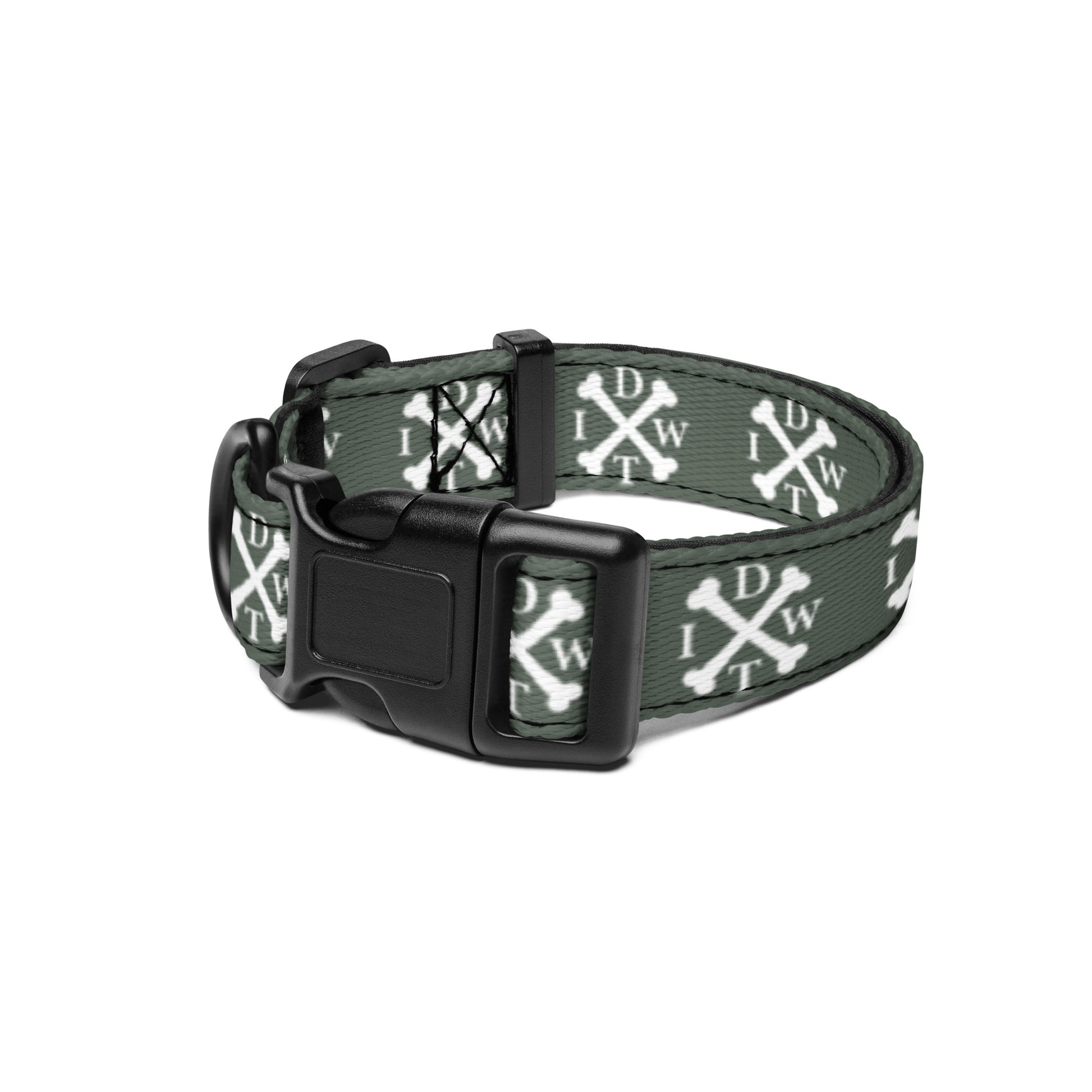 Crossbones Adjustable Dog Collar - Forest Green with White IDWT Logos - In Dogz We Trust - Size: Small