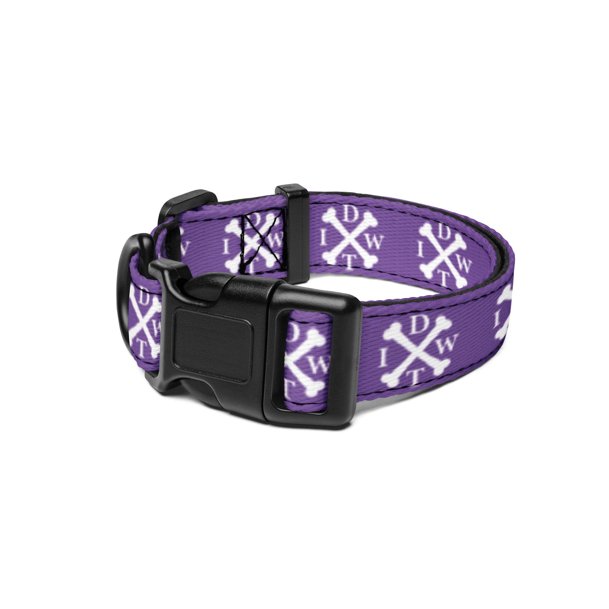 Crossbones Adjustable Dog Collar - Purple with White IDWT Logos - In Dogz We Trust - Size: Small