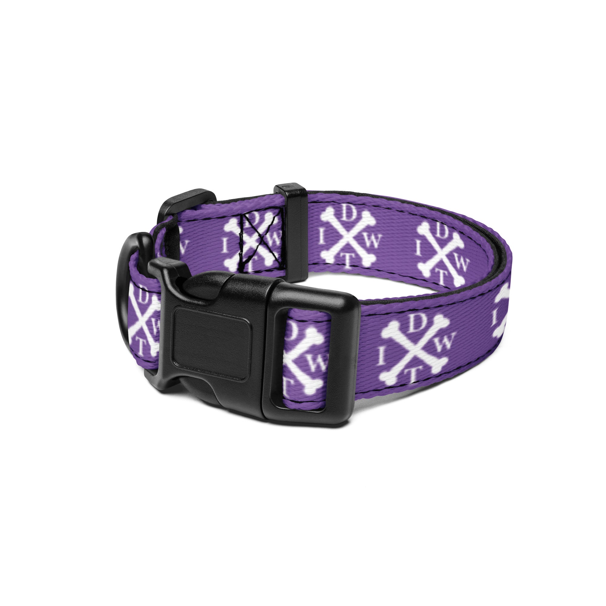 Crossbones Adjustable Dog Collar - Purple with White IDWT Logos - In Dogz We Trust - Size: Small