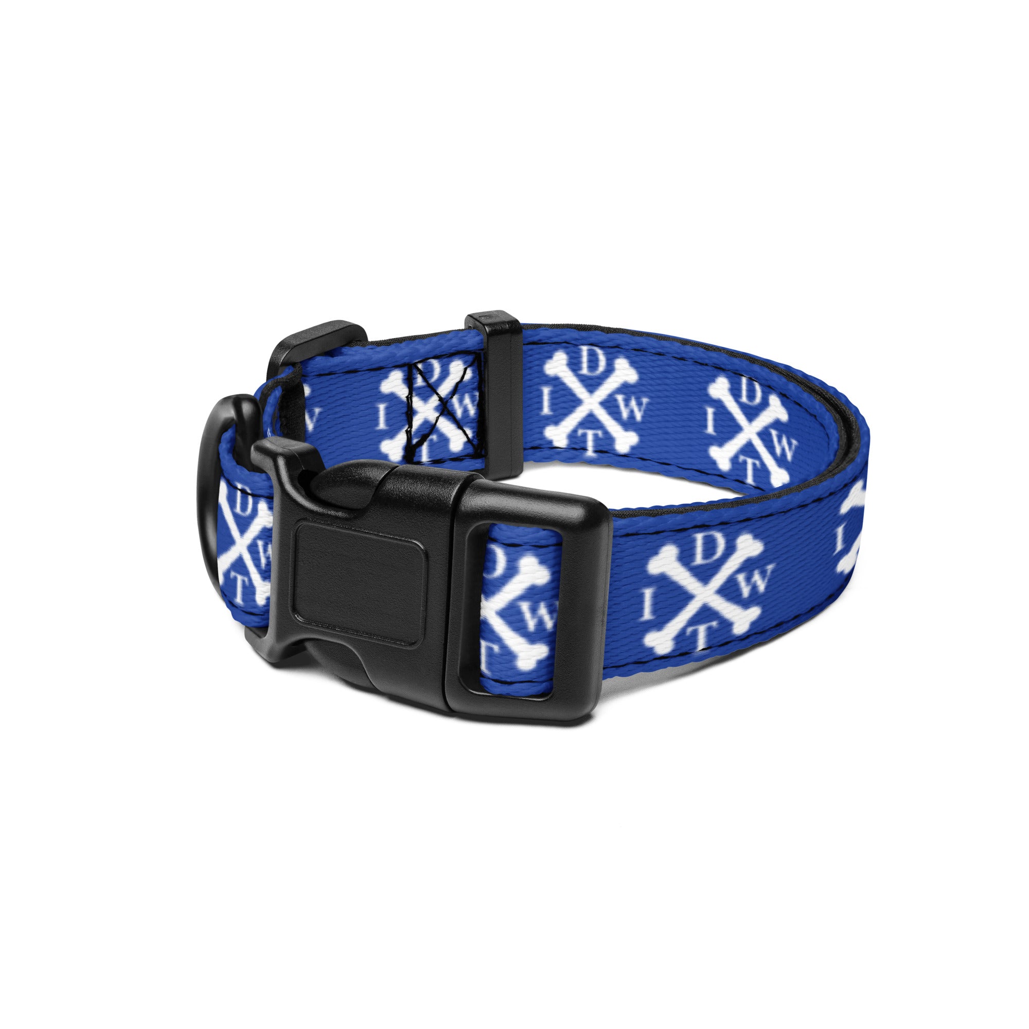 Crossbones Adjustable Dog Collar - Blue with White IDWT Logos - In Dogz We Trust - Size: Small