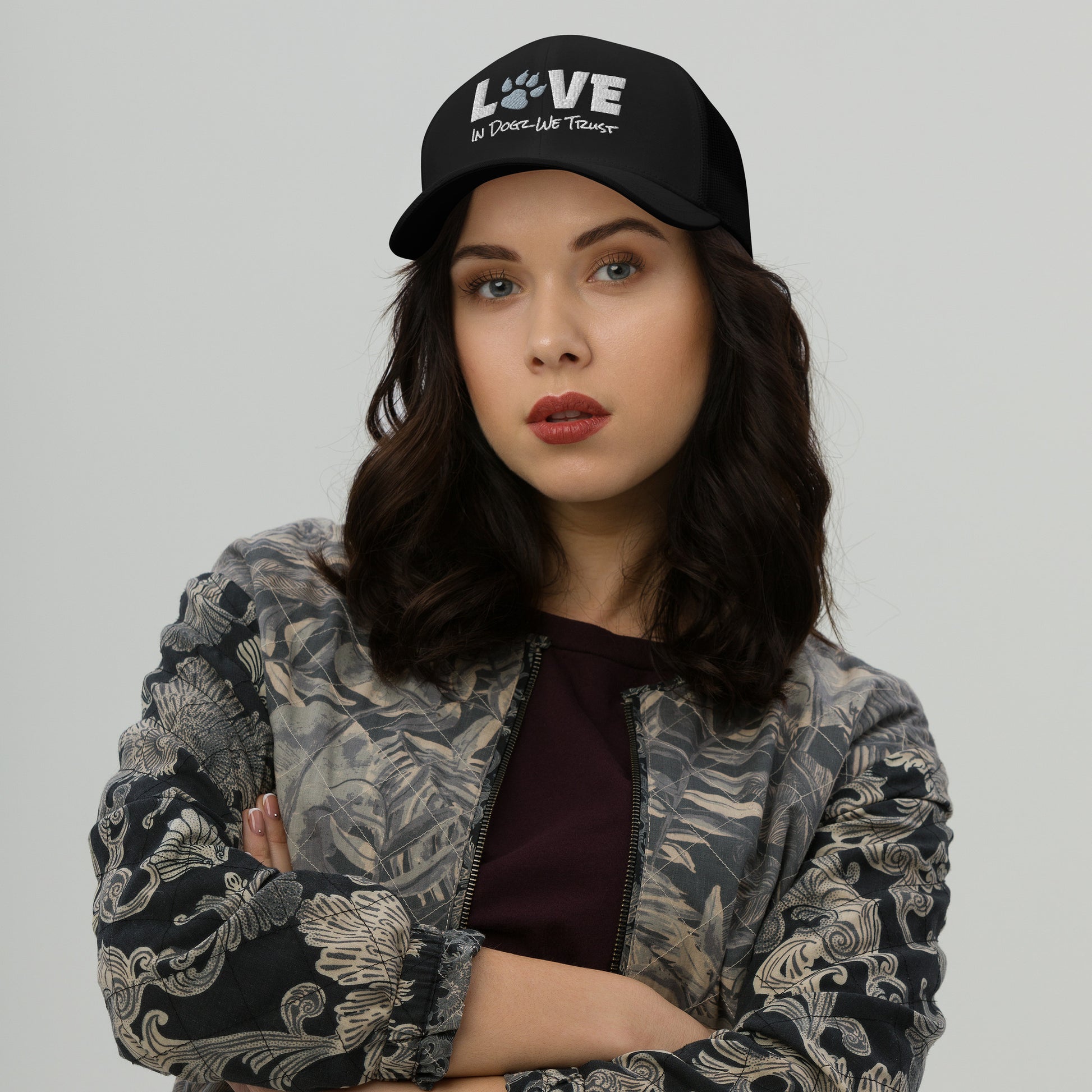 For the LOVE of Dogz - Embroidered Trucker Hat - Black with White Design - In Dogz We Trust - Female Model