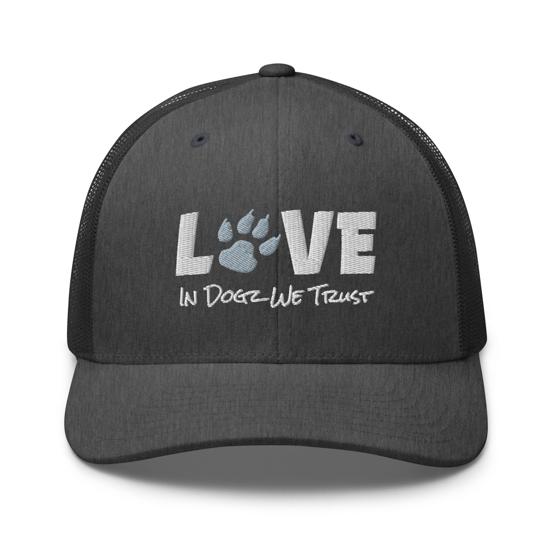 For the LOVE of Dogz - Embroidered Trucker Hat - Grey with White Design - In Dogz We Trust - Front View