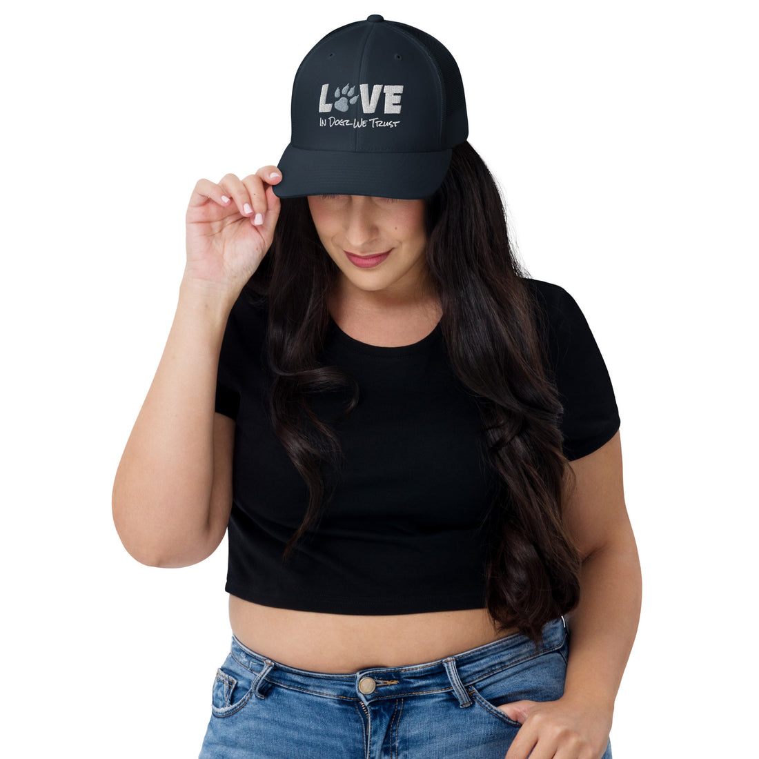 For the LOVE of Dogz - Embroidered Trucker Hat - Grey with White Design - In Dogz We Trust - Front View