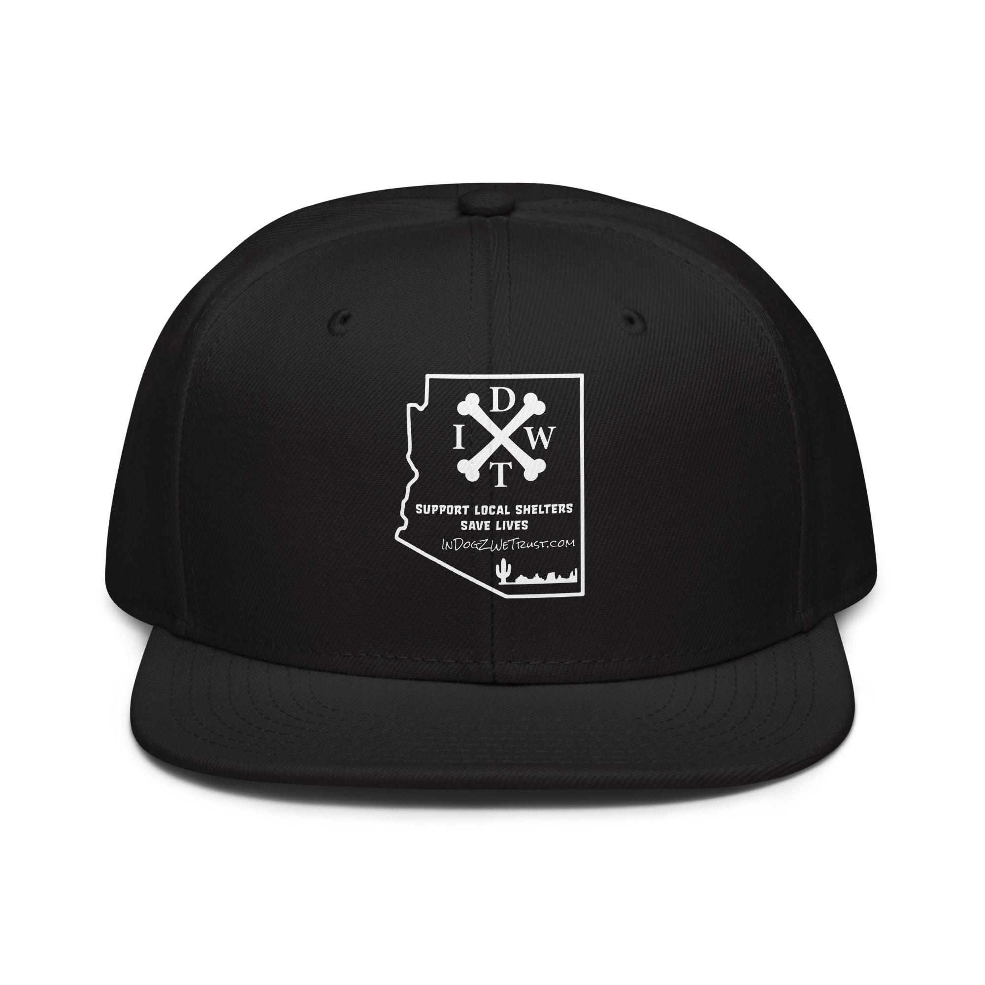 AZ Support Local Shelters Snapback Hat - Black with White Design - In Dogz We Trust - Front View