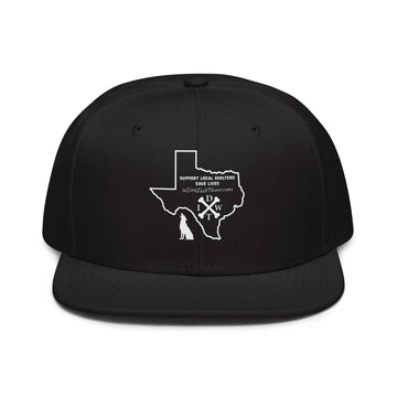 TX Support Local Shelters Snapback Hat: Texas Dog Shelter Cap - In Dogz We Trust - Black - Front View