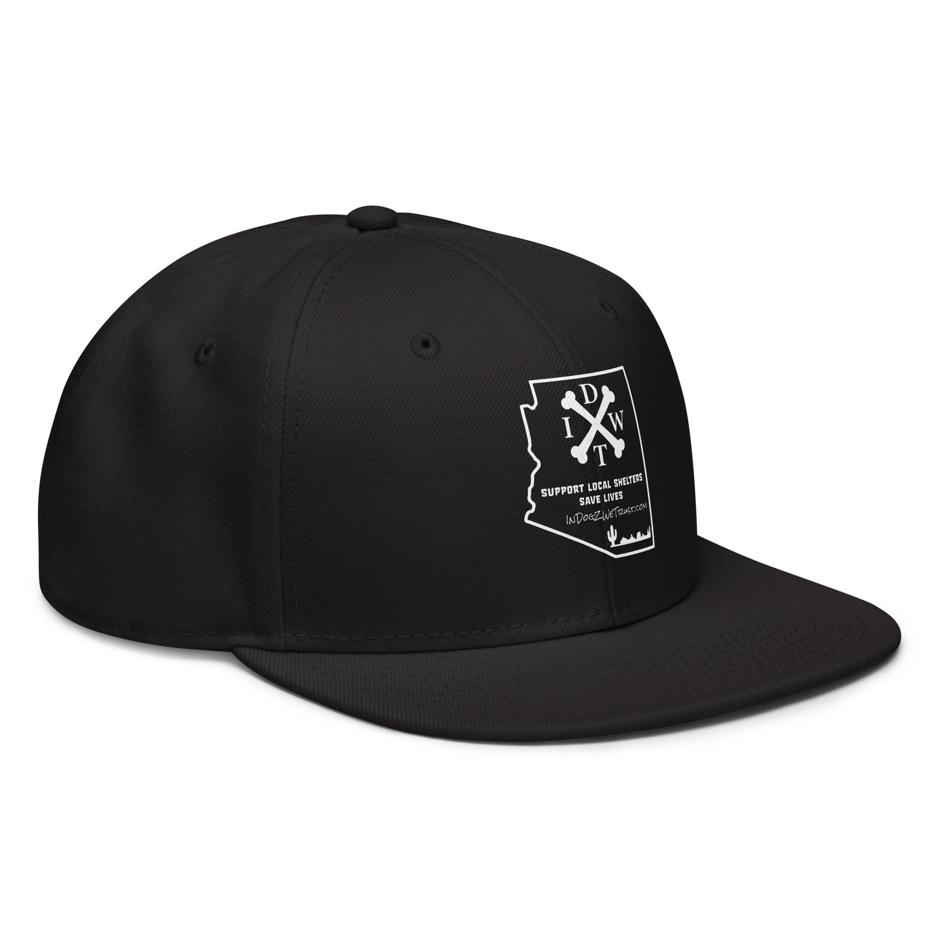 AZ Support Local Shelters Snapback Hat - Black with White Design - In Dogz We Trust - Side View