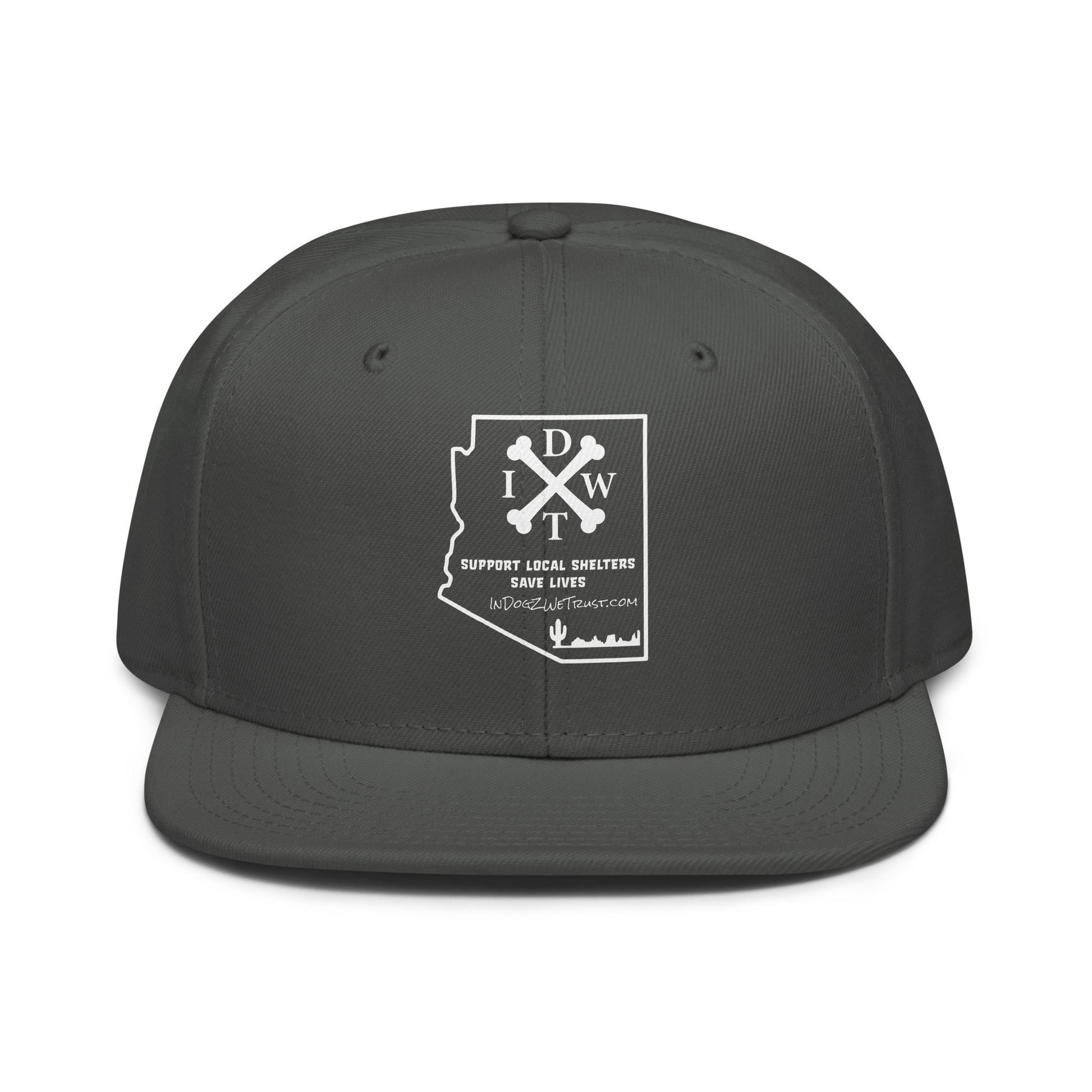 AZ Support Local Shelters Snapback Hat - Grey with White Design - In Dogz We Trust - Front View